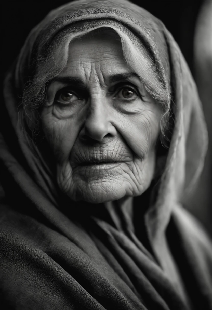 filme de terror, Cursed Old Woman, bruxa, cheia de rugas e cortes no rosto, na casa dos 90 anos, fundo de uma cozinha escura, olhos todos pretos, Roupas escuras, Rasgado, candle in hand, virado para a frente, detalhado no rosto,Realistic image,cabelos grisalhos,corvo