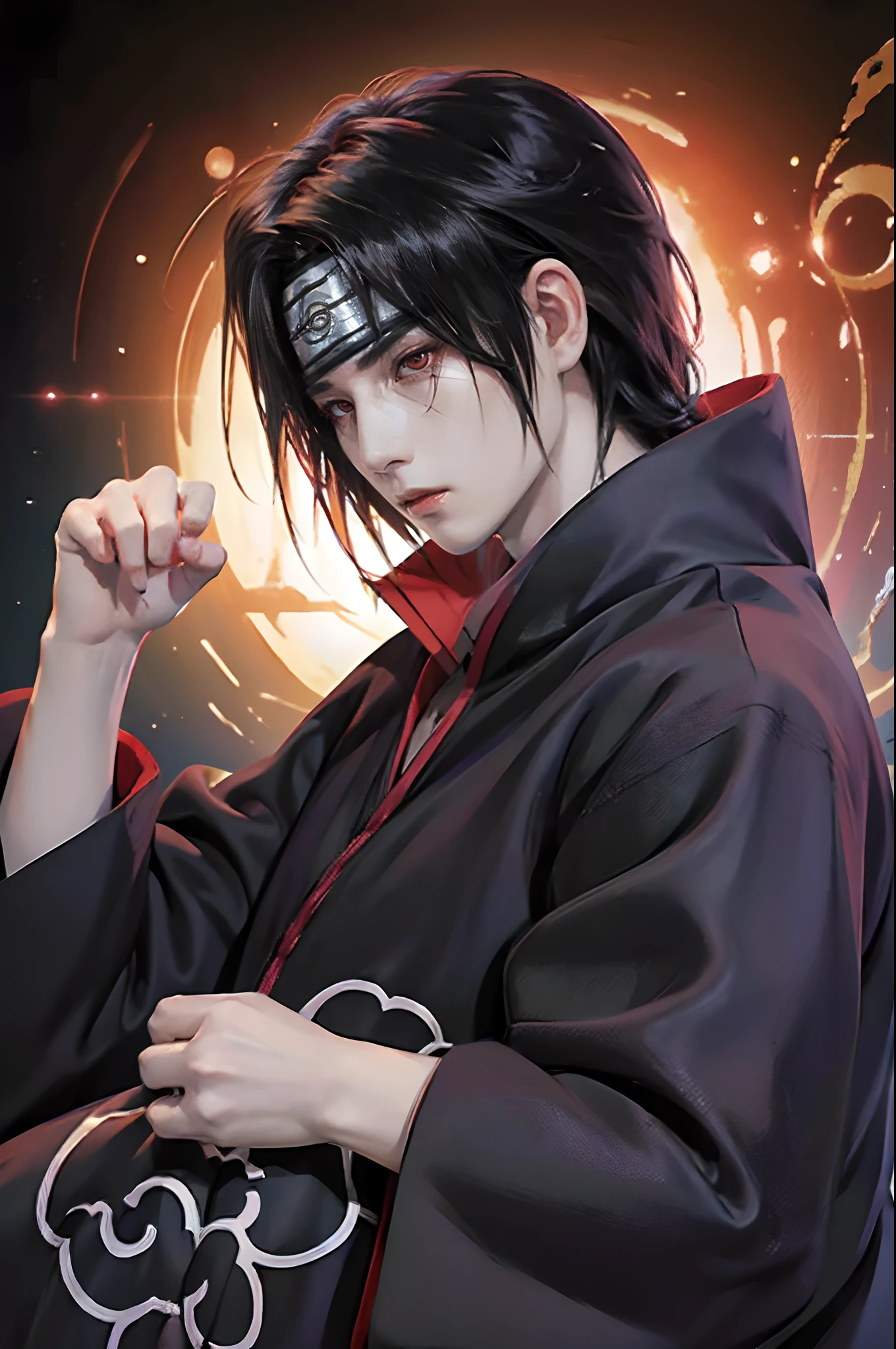 ((4K works))、masterpiece、(top-quality)、((high-level image quality))、((One Manly Boy))、Slim body、((Uchiha Itachi Cosplay))、((Uchiha Itachi))、((Cosplay))、(Detailed beautiful eyes)、((Smaller face))、((Neutral face))、((18year old))、((Handsome man))、((photo of a model))、((Like a celebrity))、Professional Photos、((cosplay foto))、((Shot alone))、((shot from a side angle))、((Naruto's Akatsuki Costume))、((Shinobi Pose))