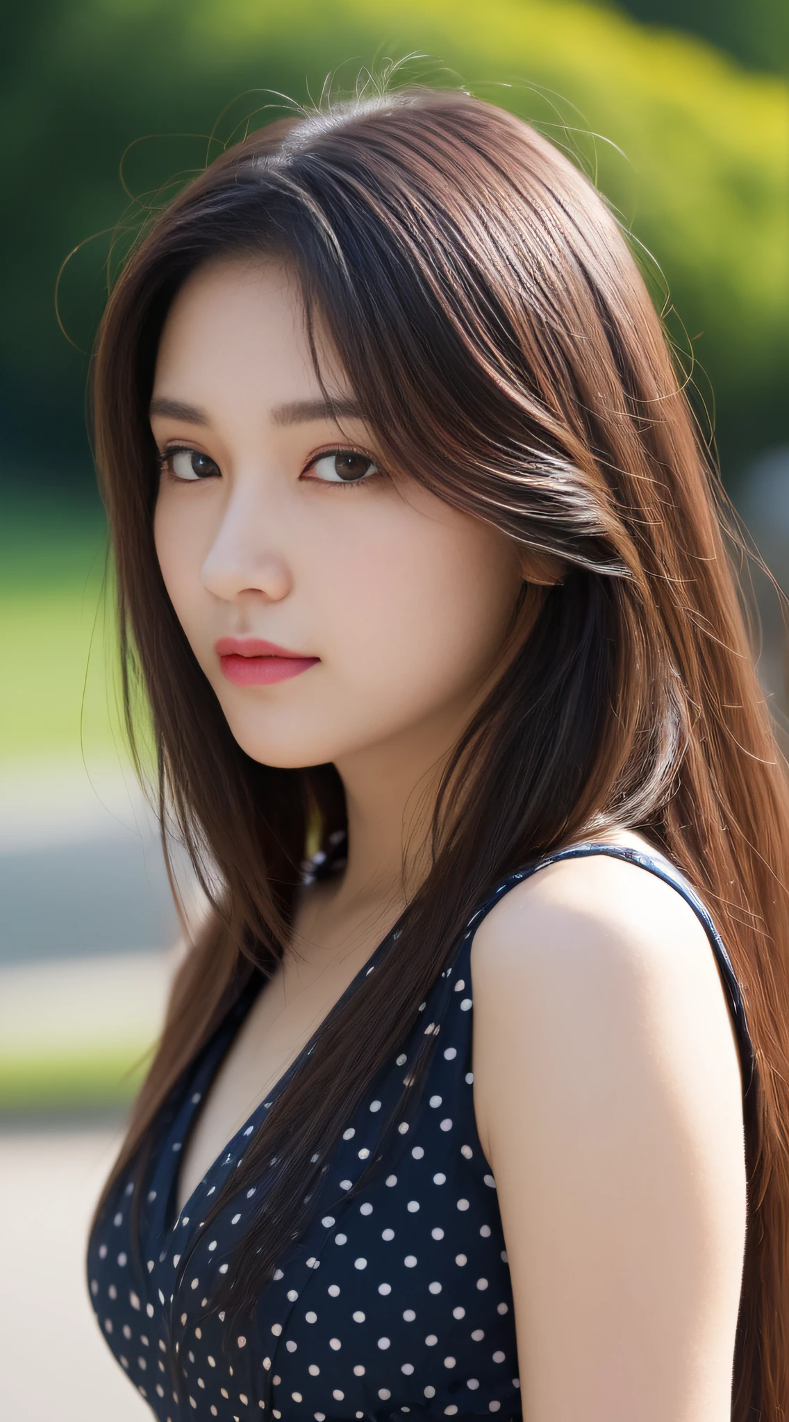 ((Day, Best Quality, 8K, Realistic)), Full Body: 1.4, Slender Abs: 1.2, ((Long dark brown hairstyle, Medium Breasts: 1.2)), (Polkadot dress: 1.1, Cute white purse: 1.1, Standing: 1.3), (Outdoor, Road, Crowded park, Realistic seoul background: 1.1, Day lights: 1.2), Highly detailed face and skin texture, detailed eyes, double eyelids, full body camera view, selfie camera view, (Side face looking at the camera, Holding the camera: 1.1, Selfie: 1.2)