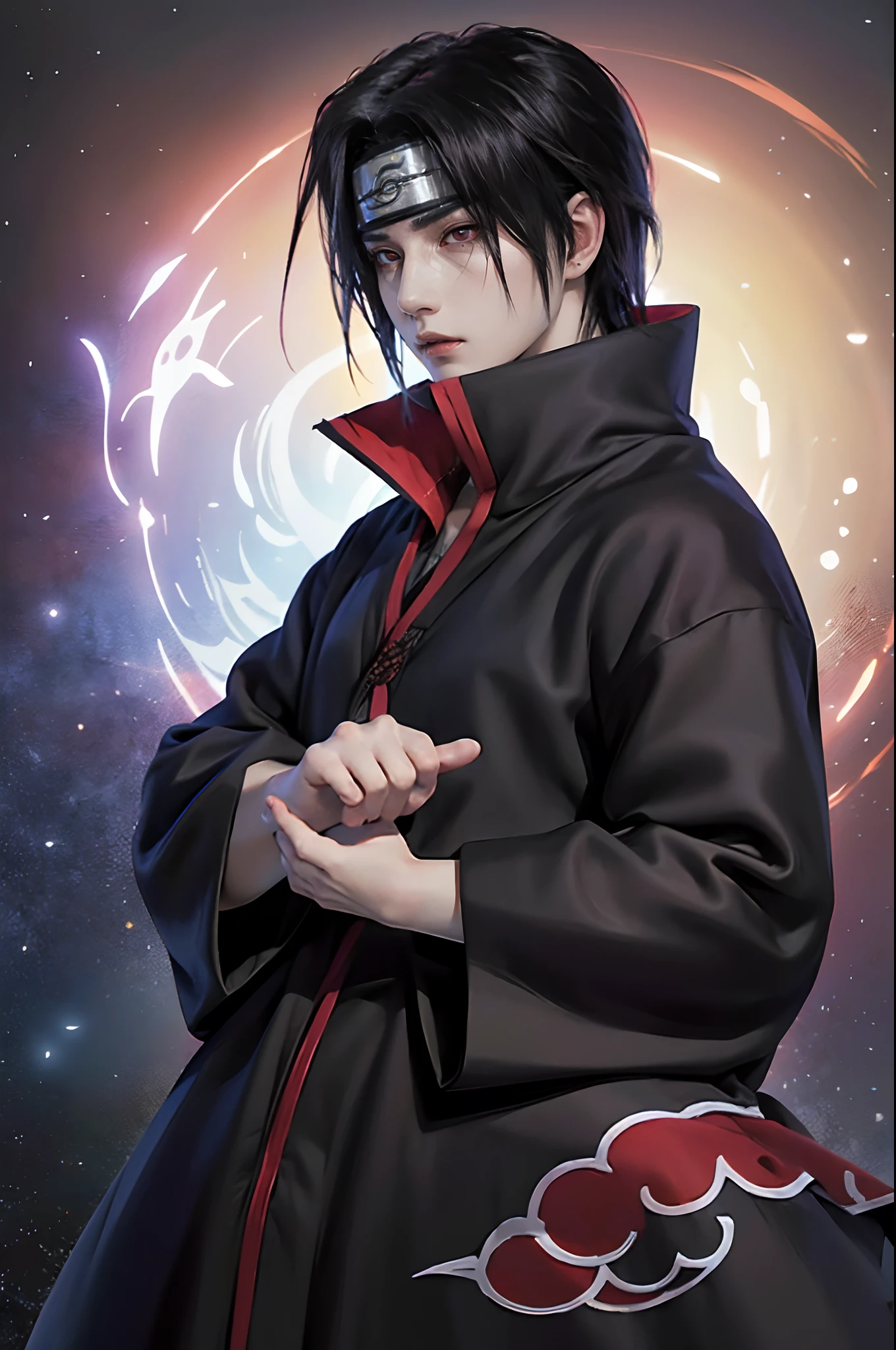 ((4K works))、​masterpiece、（top-quality)、((high-level image quality))、((One Manly Boy))、Slim body、((Uchiha Itachi Cosplay))、((Uchiha Itachi))、((Cosplay))、(Detailed beautiful eyes)、((Smaller face))、((Neutral face))、((18year old))、((Handsome man))、((photo of a model))、((Like a celebrity))、Professional Photos、((cosplay foto))、((Shot alone))、((shot from a side angle))、((Naruto's Akatsuki Costume))、((Shinobi Pose))