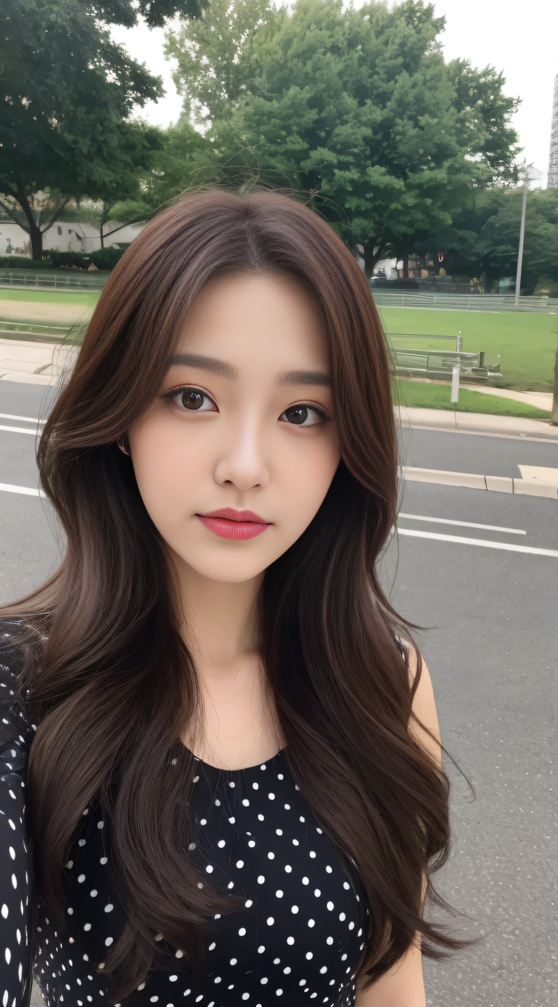 ((highest quality, 8K, masterpiece:1.3)), concentrated:1.2, Perfect body beauty:1.4, Hips:1.2, ((Delicate Hair)), (A fashionable summer T-shirt with a colorful irregular neckline, back tie and slim fit.、 :1.1) , ((highest quality、8K、masterpiece:1.3))、1 Girl、A sloppy smile、Esbian all over、Slim face、Big 、Beautiful woman、(Dark Brown Hair)、、1.1、Flickering Valley、Detailed eyes、double eyelid、Blurred Background、超Slim face、Looking down、garden、