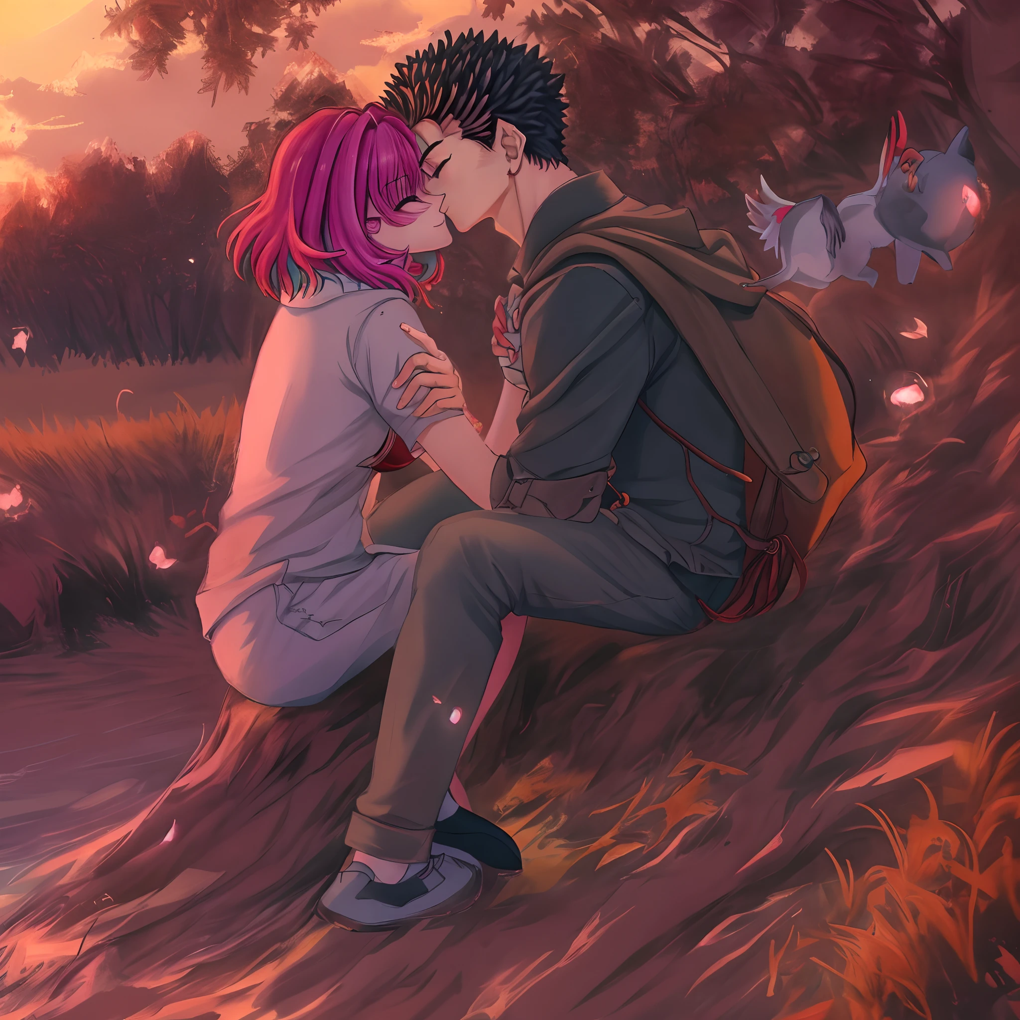 riamu, guts, couple, husband and wife, lovey-dovey couple, sitting, hug, kiss, happy, [intimate] , [affectionate], [romantic], [passionate], [tender], [connected], [heartfelt], [warmth], [joyful], [blissful], [embrace], [tightly], [gentle], [smiles], [closeness], [contentment], [harmony], [cherish], [carefree], [fondness], [endearing], [intertwined], [adorable], [shared happiness], [complete trust], [unconditional love], [togetherness], [only eyes for each other], [love radiates], [eternal commitment], [soulmates], [everlasting bond], [unbreakable connection], [life's greatest treasure], [inseparable joy] (best quality,4k,8k,highres,masterpiece:1.2), ultra-detailed, ( [vivid colors], [soft lighting], [blissful ambiance], [romantic sunset], [whispering wind], [gently swaying trees]