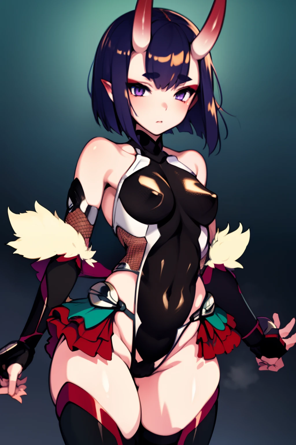 1girl, solo, standing, shuten douji,mizukioutfit, shiny clothes, highleg leotard, black leotard, elbow gloves, fingerless gloves, frills, fishnets, red showgirl skirt, pink ribbon, fur trim, skin tight, impossible leotard, black thighhighs, thighhighs, bare shoulders, covered navel