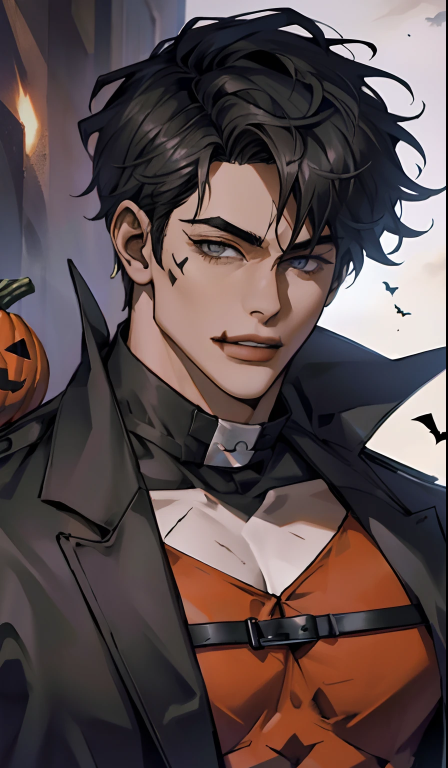 hombre guapo,Yoo Joonghyuk, 25 years old, ojos grises,disfraz de jack-o'-lantern,disfrazado de vampiro para halloween, Hairless face, (Hay anillos de metal en los tobillos:0.8),chest muscle,oreja de bestia,Tatuajes trivales, en un huerto de calabzas con hambientacion de halloween.