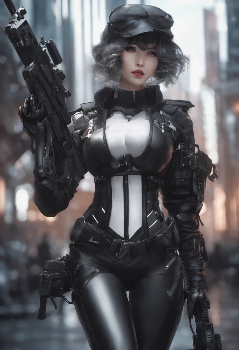 Woman in black and white costume with huge gun, Digital Cyberpunk Anime Art, best anime 4k konachan wallpaper, badass anime 8 K, Trending on ArtStation pixiv, Cyberpunk anime girl mecha, digital cyberpunk - anime art, from arknights, 动漫赛博朋克艺术, Cyberpunk Anime Girl, anime style 4 k, anime girl of the future