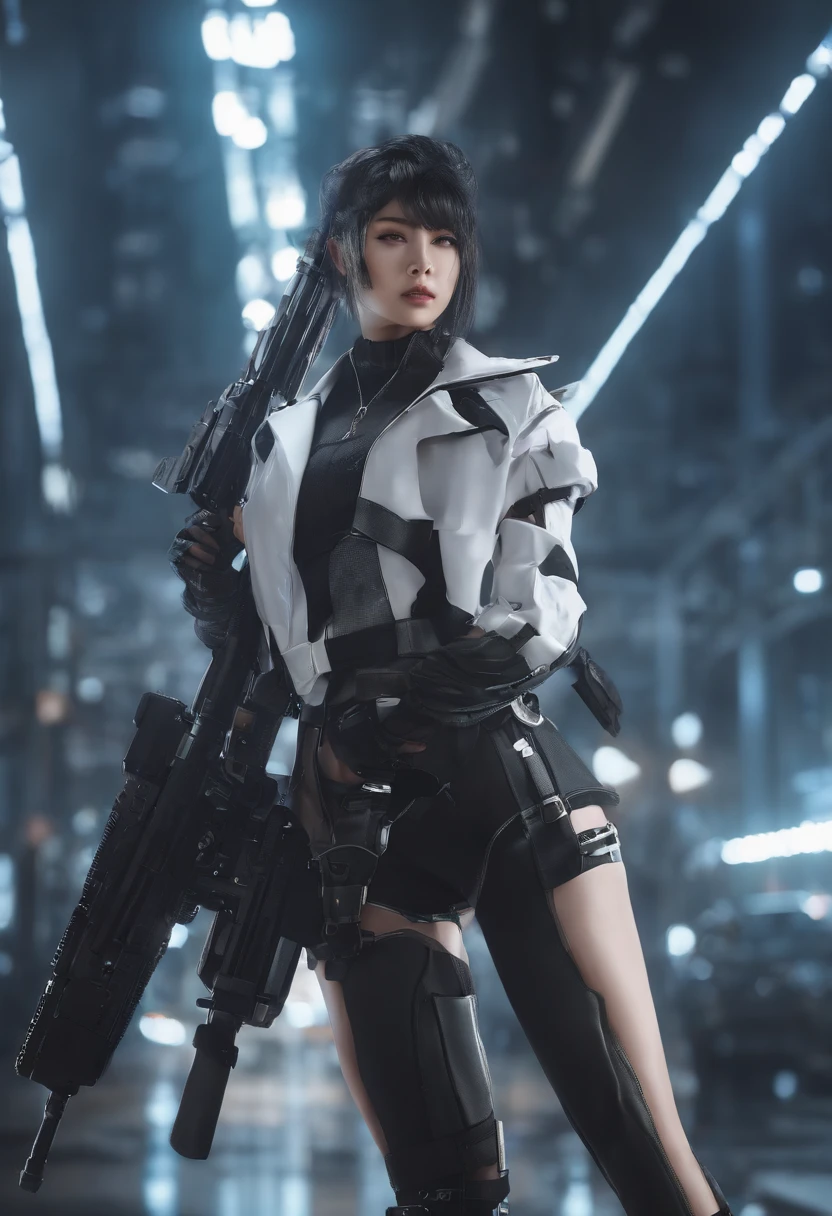 Woman in black and white costume with huge gun, Digital Cyberpunk Anime Art, best anime 4k konachan wallpaper, badass anime 8 K, Trending on ArtStation pixiv, Cyberpunk anime girl mecha, digital cyberpunk - anime art, from arknights, 动漫赛博朋克艺术, Cyberpunk Anime Girl, anime style 4 k, anime girl of the future