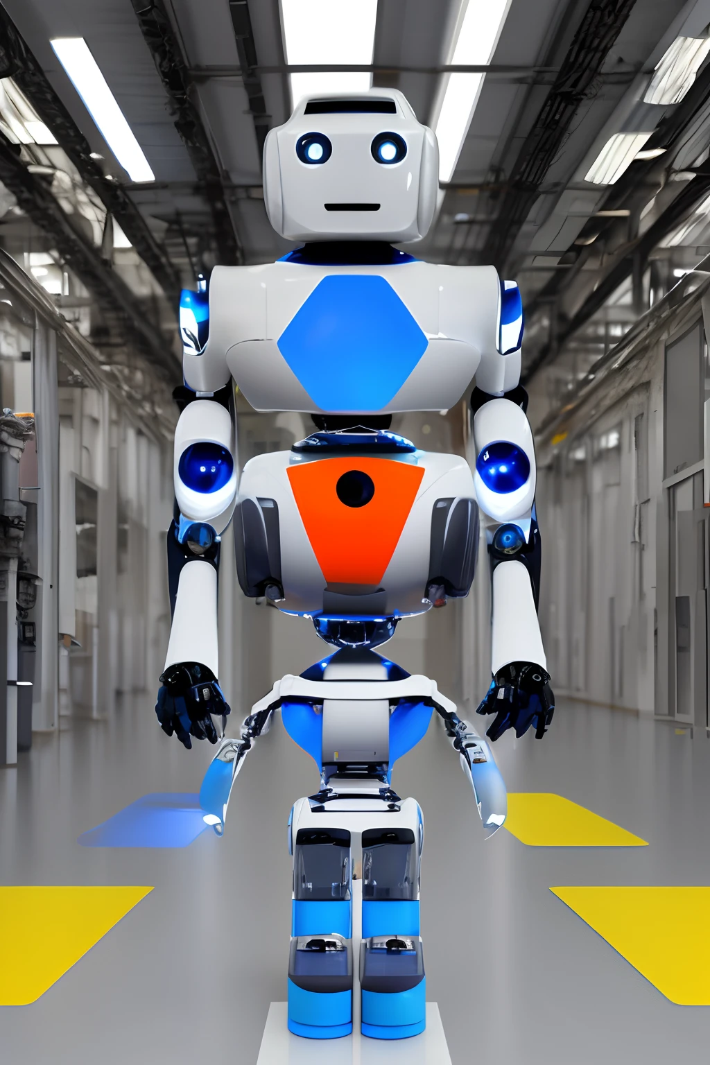 A robot, AXL, is standing in a factory. He is surrounded by other robots, but he looks different. He has a kind and curious expression on his face.