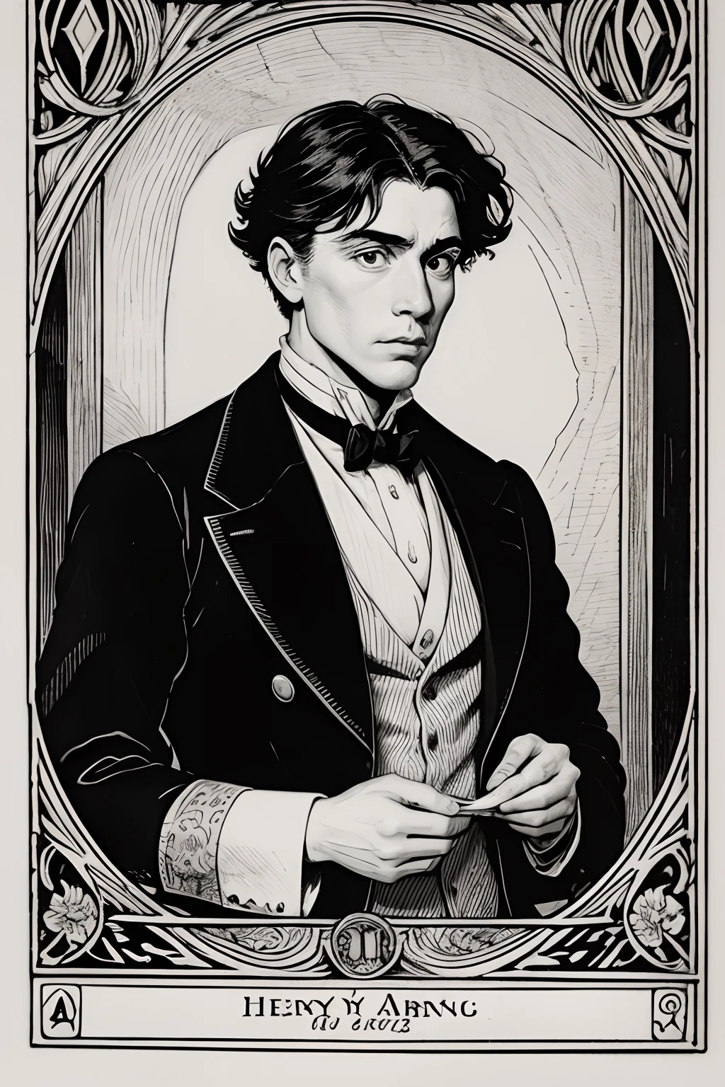 a black and white drawing of a man, a woodcut by Henry Justice Ford, tumblr, arts and crafts movement, the non-binary deity of spring, henry justice, style of aubrey beardsley, lithoraph engraving, myth of narcissus, druillet, 19th century woodcut, the fool tarot illustration