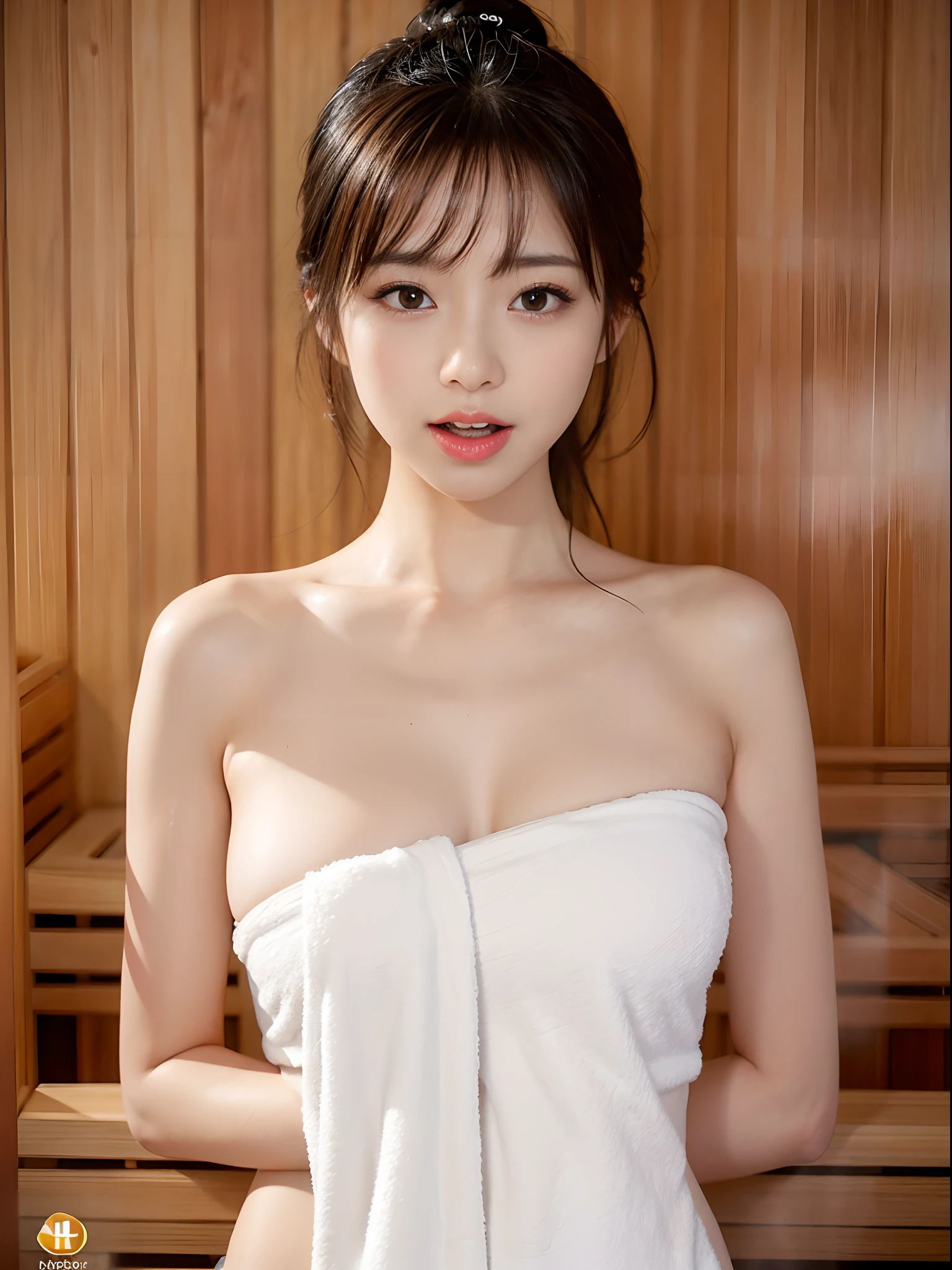 Woman posing for photo shoot、up looking_で_viewer:1.3)、(Towel naked、In the sauna:1.3)、4K、hight resolution、​masterpiece、top-quality、headw:1.3、((Hasselblad photo))、Fine skin、foco nítido、(Cinematographic lighting)、鎖骨、natta、Soft lighting、dynamic ungle、[:(详细的脸:1.2):0.2]、(((5 star hotel)))、takeout、A MILF、Upper Body Up、Tongue licking、dynamicposes
