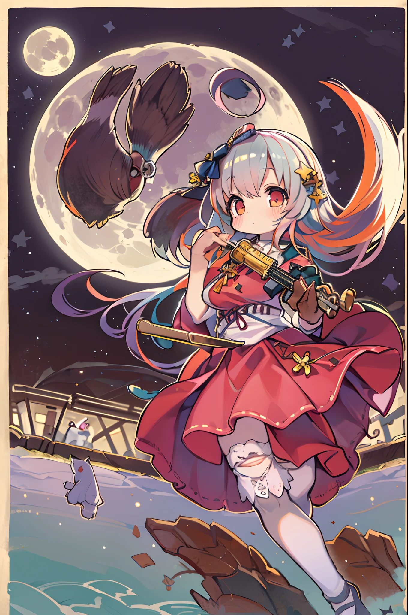 girl, looking at you, Face, High quality, Radiant, natta, red velvet,under big full moon、Looking up at the moon、fullmoon、Chibi