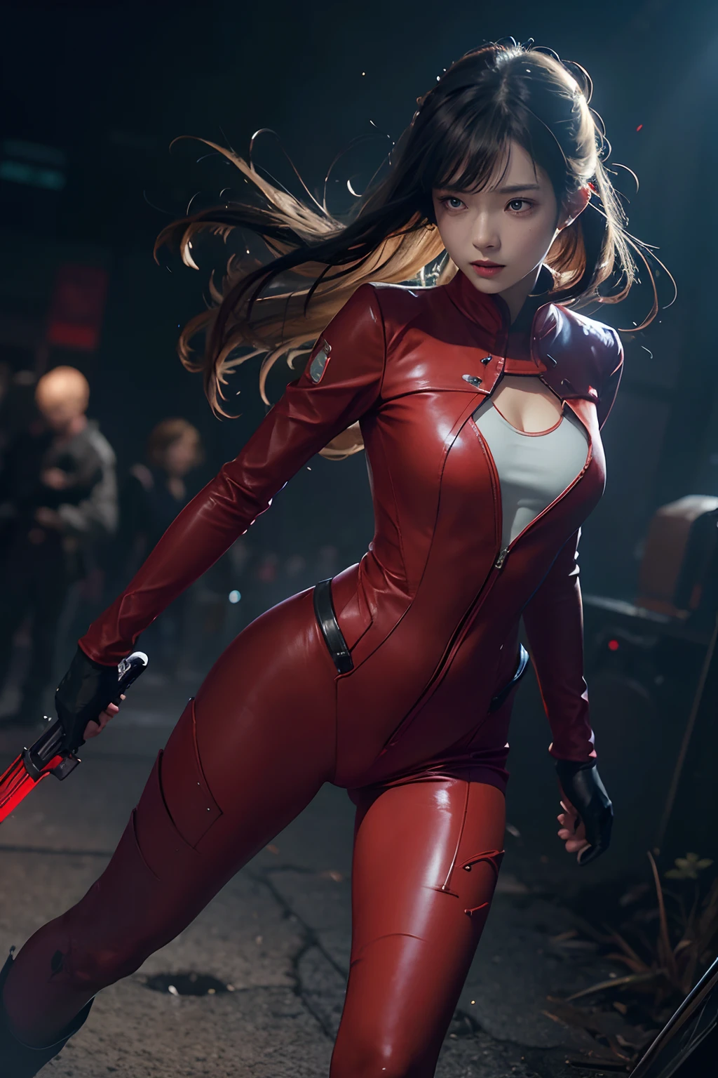 art by katsuya terada, art by range murata, art by akiman, art by JUNNY, Full body shot portrait of cute slender Young Japanese hit girl, Battle Scars, Realistic skin texture, Few moderate moles, wearing a suit, hold a gun, Red Circle nightclub in San Diego, Red and blue cinematic lighting, highly detailed, ray tracing, digital painting, concept art, smooth, sharp focus, illustration, 8k