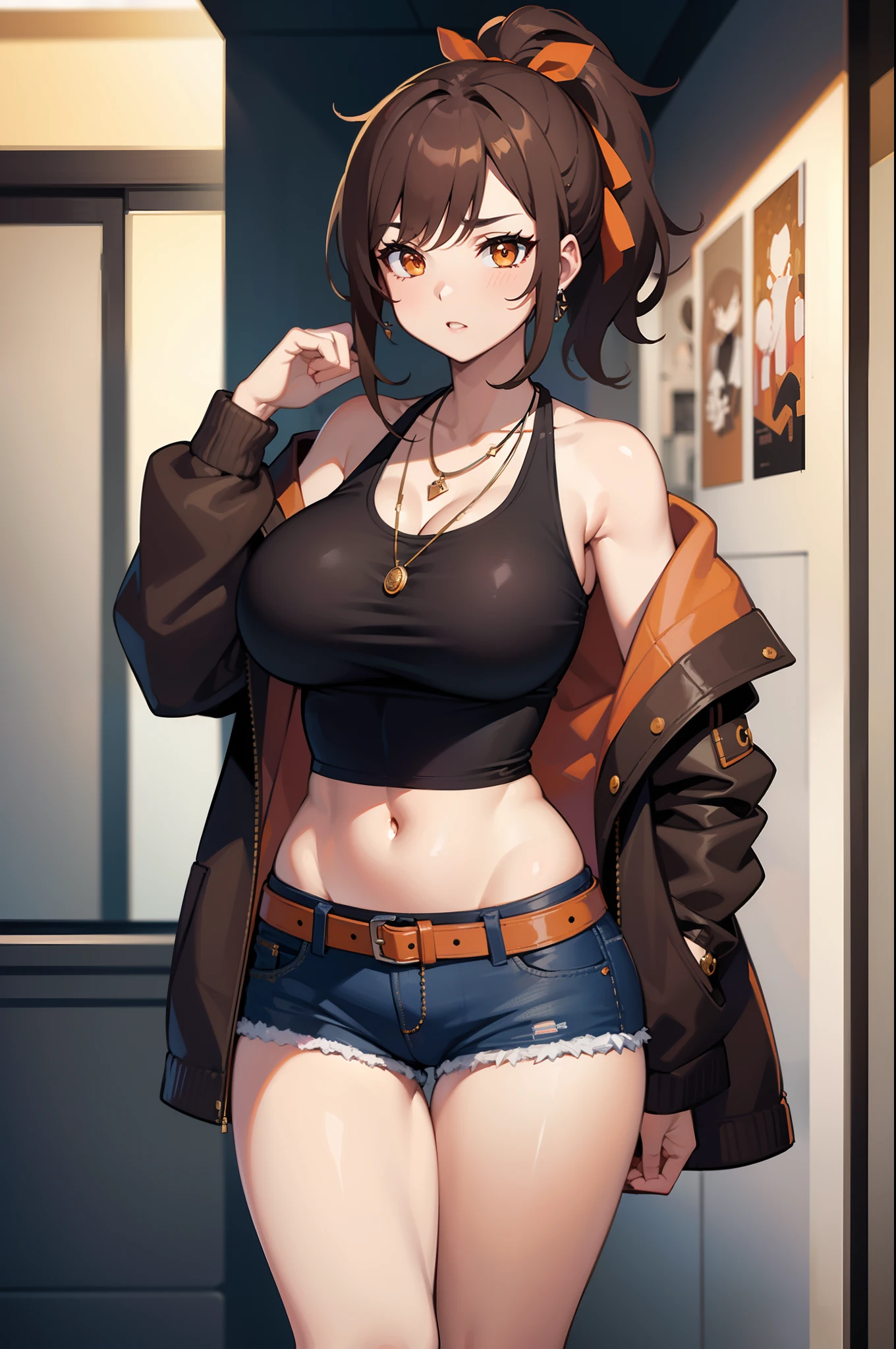 solo, 1girl, yashio rui, jewelry, earrings, necklace, choker, blush, lipstick, long hair, outdoors, rooftop, cityscape, building, railing, night, night sky, scenery, city lights, Fur trim, mature female, gloves, fur-trimmed coat, jacket, masterpiece,high quality,4k, bare shoulder,belly,crop top,outdoor,cleavage,jeans,casual dress,street,road,smile, open mouth, (nsfw) not safe for work, holding a gun,handgun, evil expression, exposed belly, exposed navel, exposed midriff, exposed lower belly, crop top overhang, underboob, unbuttoned jeans , low rise black jeans, Low rise jeans, Low rise jeans with open fly, navel piercing