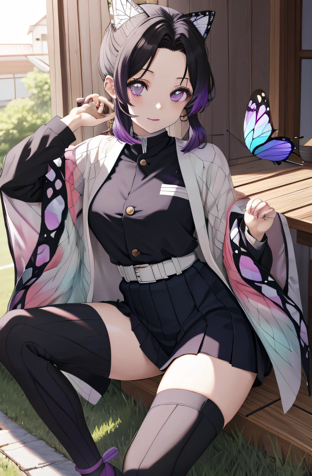 masutepiece, Best Quality, hight resolution, 1girl in, 独奏, kochou shinobu, Decorate your hair with butterflies, violet eyes, Multi-colored hair, Short hair, Parted bangs, Short shorts, Spread your legs apart, skirt by the, Turtleneck Top, outside of house, Erotica, Emphasis on the chest, Leather