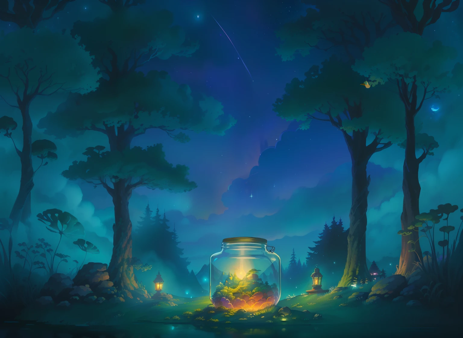 there is a cartoon picture of a jar cozy night fireflies, background art, dreamscape in a jar, calm night. digital illustration, background artwork, moonlit starry sky environment, graphic of enchanted terrarium, dreamy illustration, fireflies!!, night under the starry sky, random background scene, anime background art, night in the forest