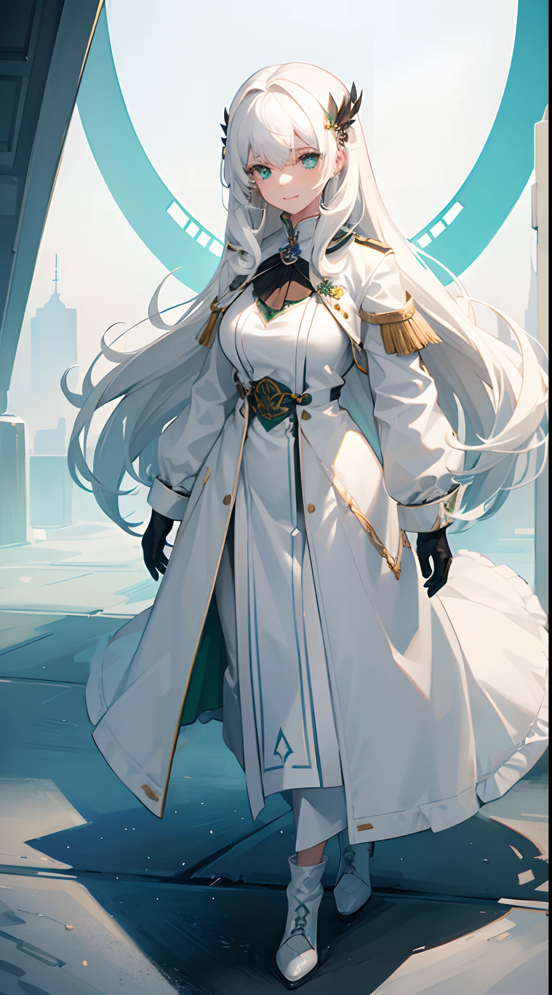 1girl, white hair, medium breasts, white coat, hair ornaments, best quality, green eyes, warm smile, green uniform, neck length hair, standing, full body, from front