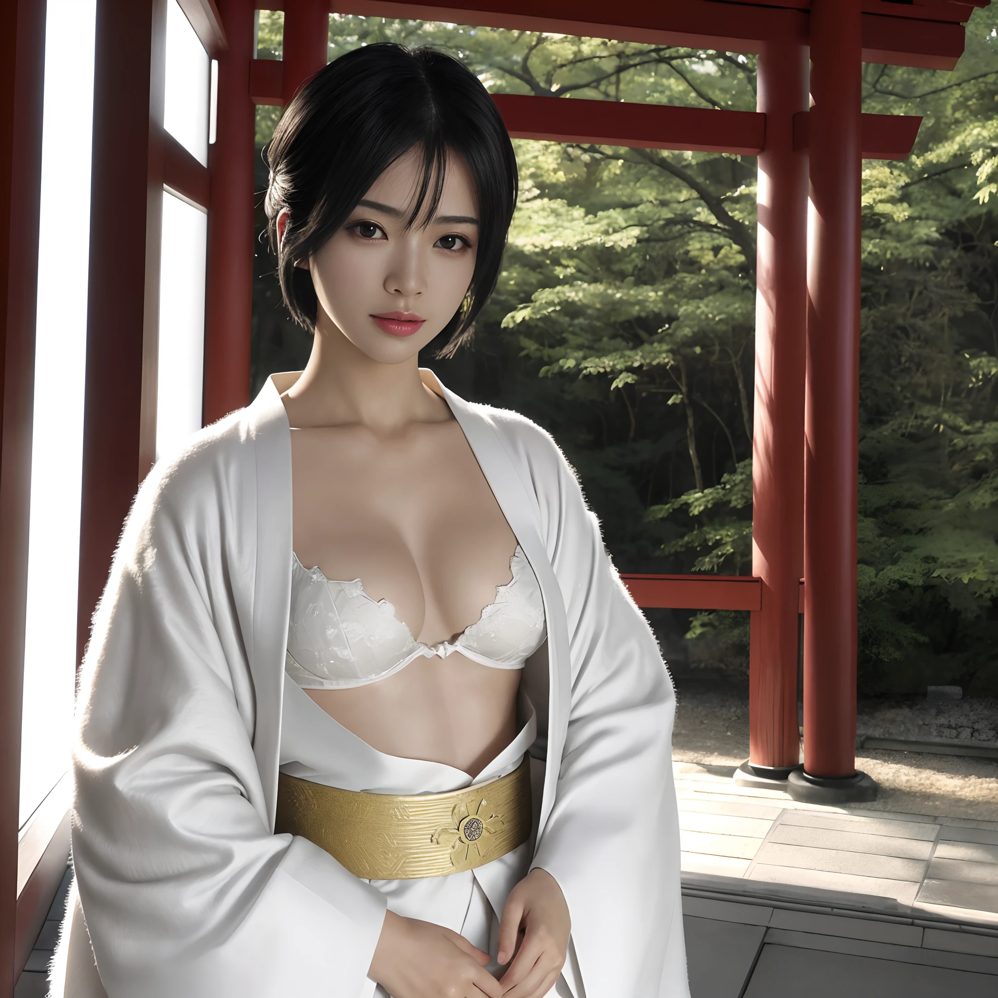 (((nffsw))), (((masutepiece))), (((8K))), (((hight resolution))), (((Photorealistic))), (((Cinematic lighting))), god rays, Zoom Layer, (((FULL BODYSHOT))), F/4.0, canon, Shiny skin,Detailed skin,Detailed face, Detailed eyes, nakeness, Bare chest, No top, Beautiful Priestess of the Japan,Black Short Bob Hair, Pray at Japan Shrine, White kimono, hair adornments, Fluffy kimono, White bra visible