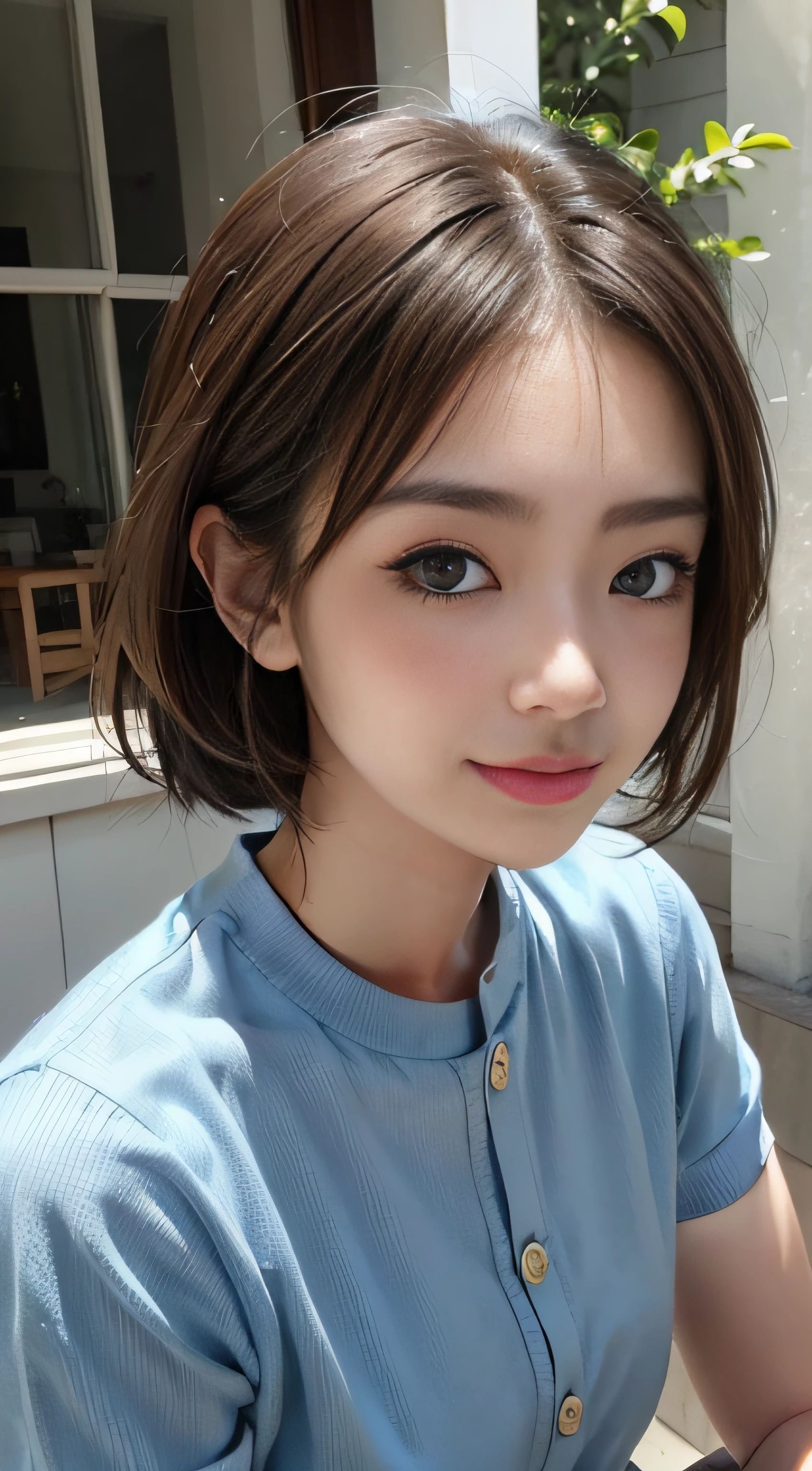 masterpiece、Top image quality:1.2、((beautiful young woman with))、Transparent skin:1.2、{A slight smil}、(kawaii)、Short sleeve knit、luxury hotel、depth of fields