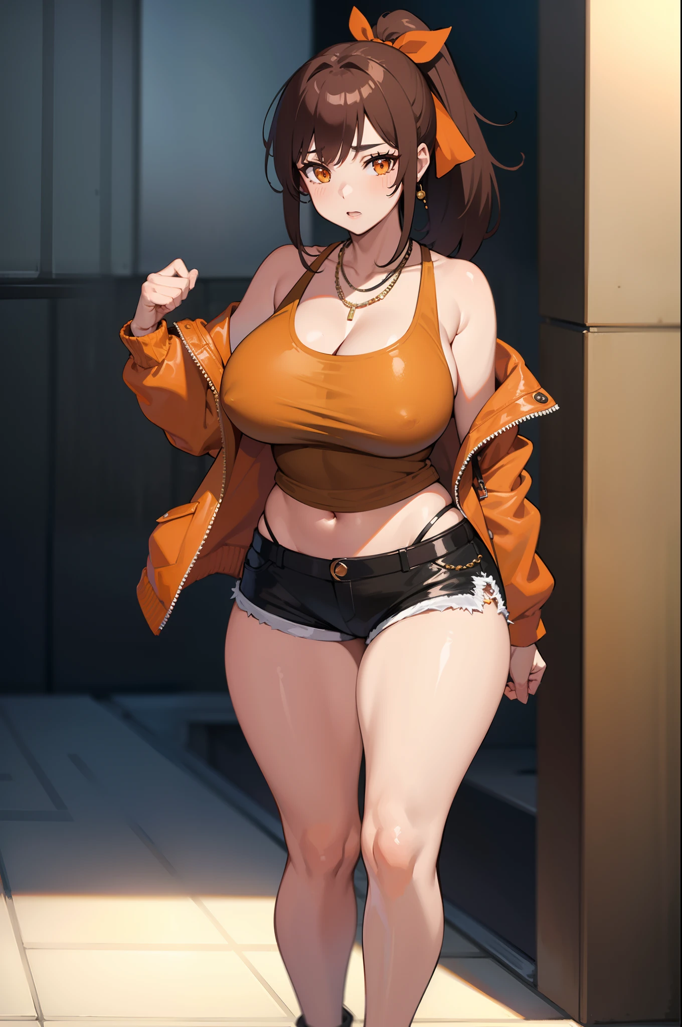 masterpiece, best quality, 4k, brown hair, huge breasts, handbag, jacket, ponytail, tank top, necklaces, jewlery, short shorts, wide hips, gyaru, hair ribbon, orange eyes,