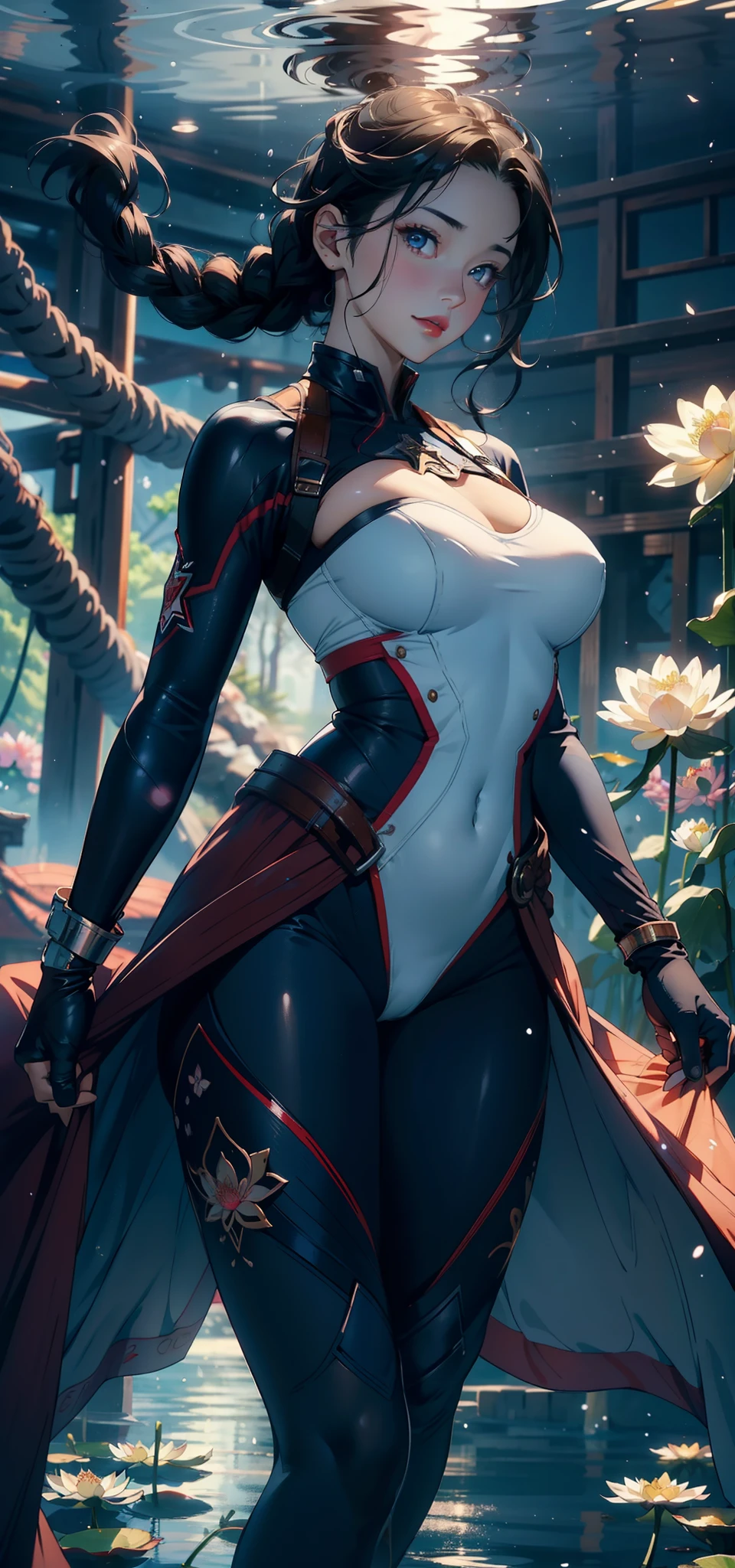 1female,35yo,plumw,extremely large bosom, 独奏,(Background with:ponds,Cherry blossom forest,lotus flower)Lie underwater, She has short black hair,standing on your feet,seen from the front, Twist braids, mostly cloudy sky,(((tmasterpiece),(Very detailed CG unity 8K wallpaper),best qualtiy,cinmatic lighting,detailed back ground,beatiful detailed eyes,Bright pupils,Black eyes,Snow-whiteskin,Redlip(Very fine and beautiful),(Beautiful and detailed eye description),ultra - detailed,tmasterpiece,))facing at camera,A high resolution,ultra - detailed),revealing breasts,Bare genitalia, Bulge,legs are open,Raised sexy,Camel toes,Flushed complexion,Desire for dissatisfaction,frontage,Navy,Captain America uniform