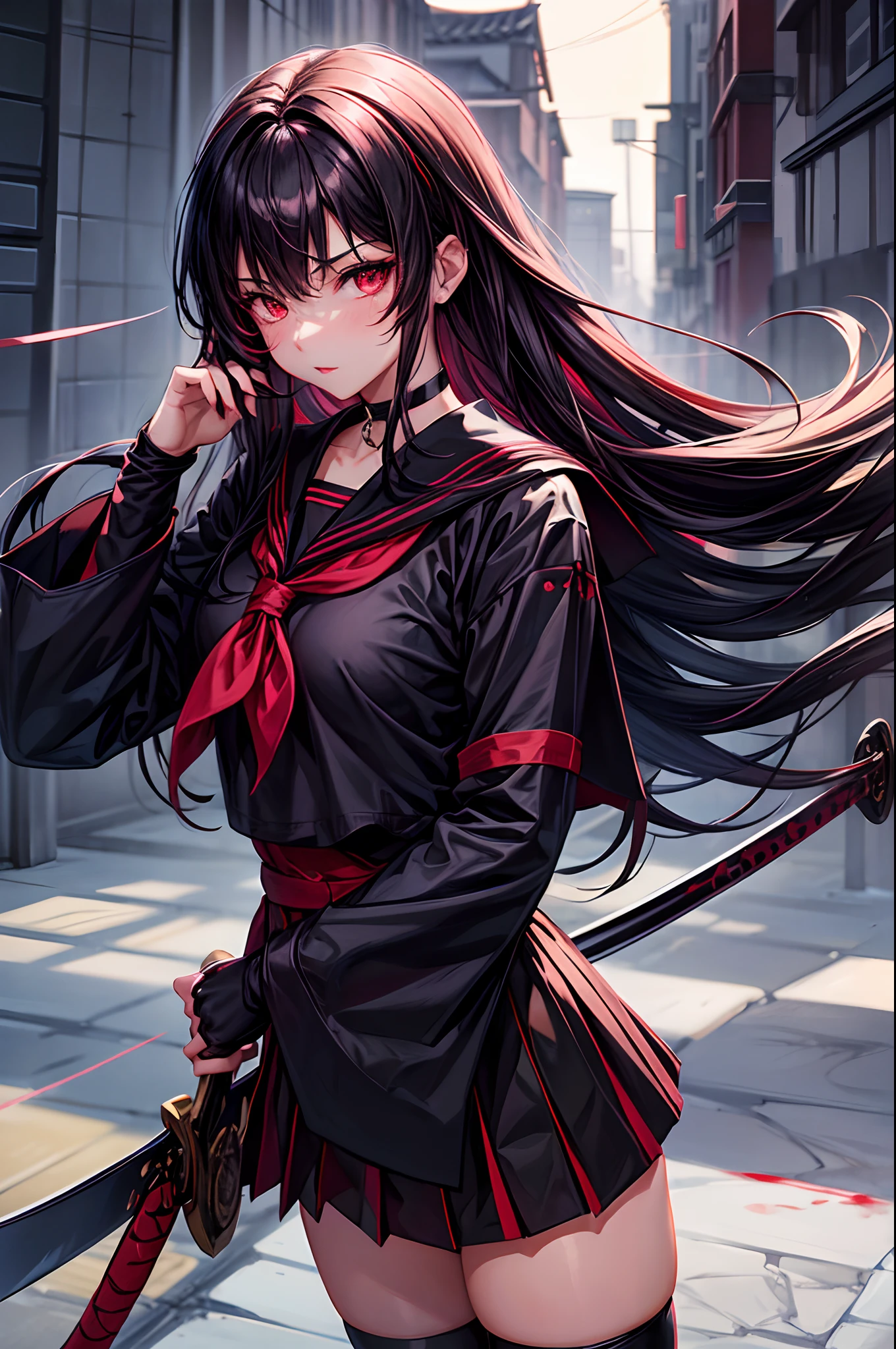 1 girl, solo, rough school background, girl with Japanese sword, perfect Japanese sword: 1.6, perfect fingers, beautiful black hair, long hair, beautiful red eyes: 1.5, pink lips, blood back on face: 1.5, black choker, ((black sailor suit with red lines)), light colored black stockings, black fingertips showing Gloves,