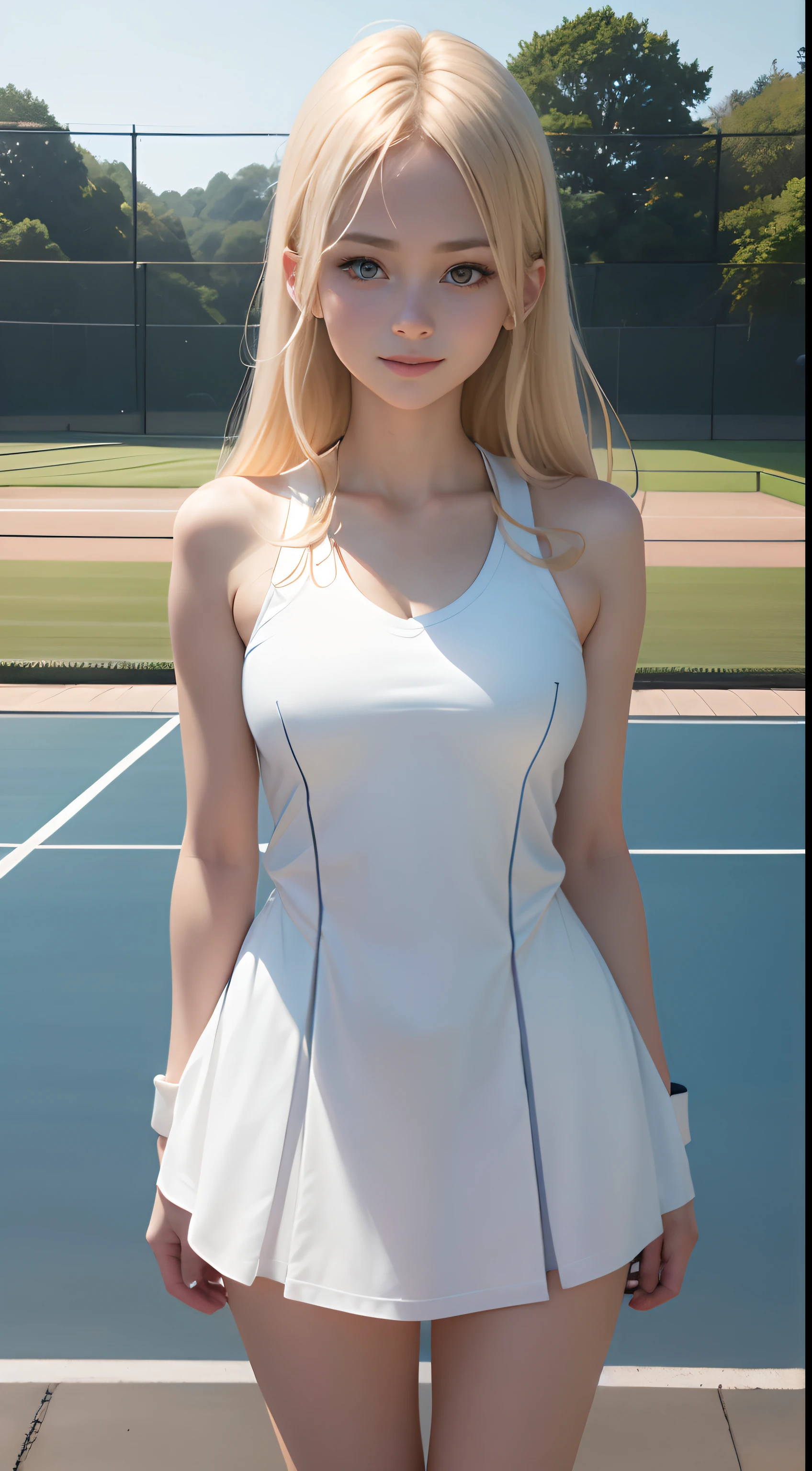 1girl in、Top image quality、Young Adult Women、hposing Gravure Idol、a blond、blue eyes、Tennis court on background、Tennis Wear、White undercoat、sneakers、A slender、realisticlying、ren、Correctly portray a person、A slight smil、Be sure to draw your face、Correctly delineate the structure of a person、