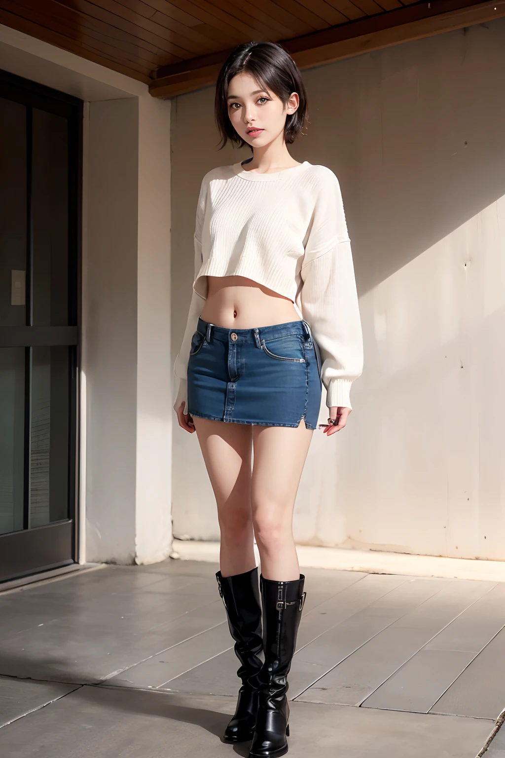 (masuter piece:1.3)、(8K、Photorealsitic、Raw photography、top-quality: 1.4)、(1girl in)、beautiful countenance、(Lifelike face)、(A dark-haired、short-hair)、
Beautiful hairstyle、realisticeyes、Beautiful details、(real looking skin)、Beautiful skins、absurderes、enticing、超A high resolution、A hyper-realistic、high-detail、the golden ratio、
((wide open abdomen))、((open abdomen))、((wide open navel))、((open navel))、((Mid-Riff Sweater))、((Ultra-low rise、Denim Mini Skirt))、
((Navel Ejection))、((small hips))、((long limbs))、((Full body depiction))、((small hip))、(boots)、((Ultra-low rise))、((Denim Mini Skirt))、
((is standing))、