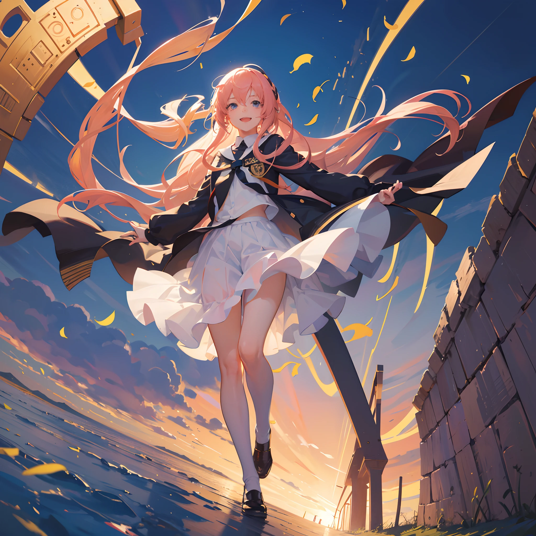 Megurine luka , 1 girl , Colegiala , beautiful girl, vocaloid, 16 yeainando entre cerezos , Clothes and hair moving in the wind , proporciones corporales correctas , hermosa sonrisa , calidad de imagen ultra 8k , obra maestra , detalles perfectos , viendo hacia el espectador con sonrisa encantadora