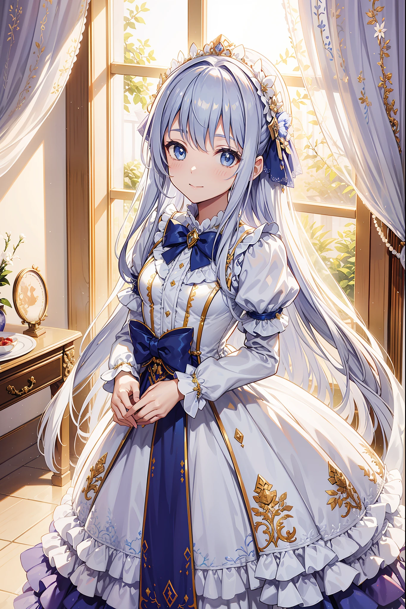 saintess,Enchanted,having fun,Being in love,(White Victorian dress),silber hair,eBlue eyes,Seductive pose,Lilac stripes,Delicate ruffles,A small amount of lace,gold embroidery,jewel embellishment,Floral decoration,Fabric headdress,Bow knot,exquisite costumes,A small amount of transparent clothing,inside in room,solo person