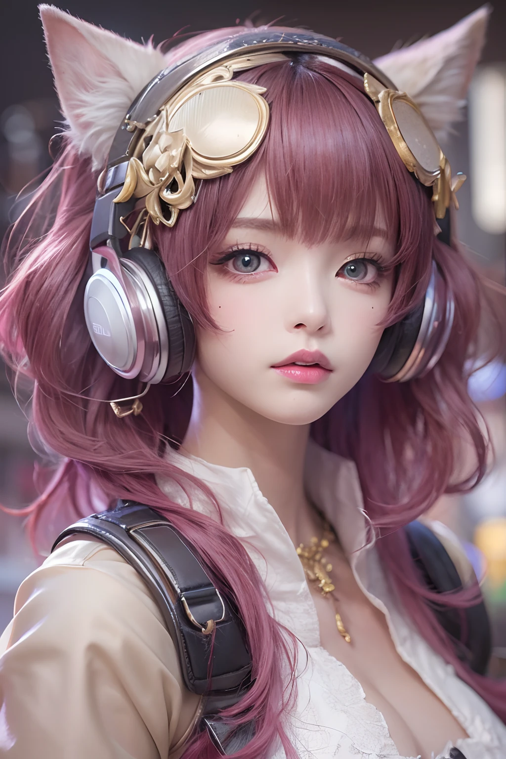 masterpiece, 1 beautiful girl, Detailed eye, Swollen eyes, top-quality, 超A high resolution, 电影灯光, japanes, a asian beauty, very extremely beautiful, Beautiful skins, A slender, Forward-facing body, gazing at viewer、(animesque), (hight resolution), , (ighly detailed), ( Best Illustration), (beautifully detailed eyes), (ultra-detailliert), 详细的脸, Bright lighting, Professional Lighting、The background is a cyberpunk room with a large number of monitors.................、Hair color is pink twin tails、、Cat's ears、Moles under the eyes、Plump and glossy lips、Heart-shaped choker、Female Game Commentator、animesque