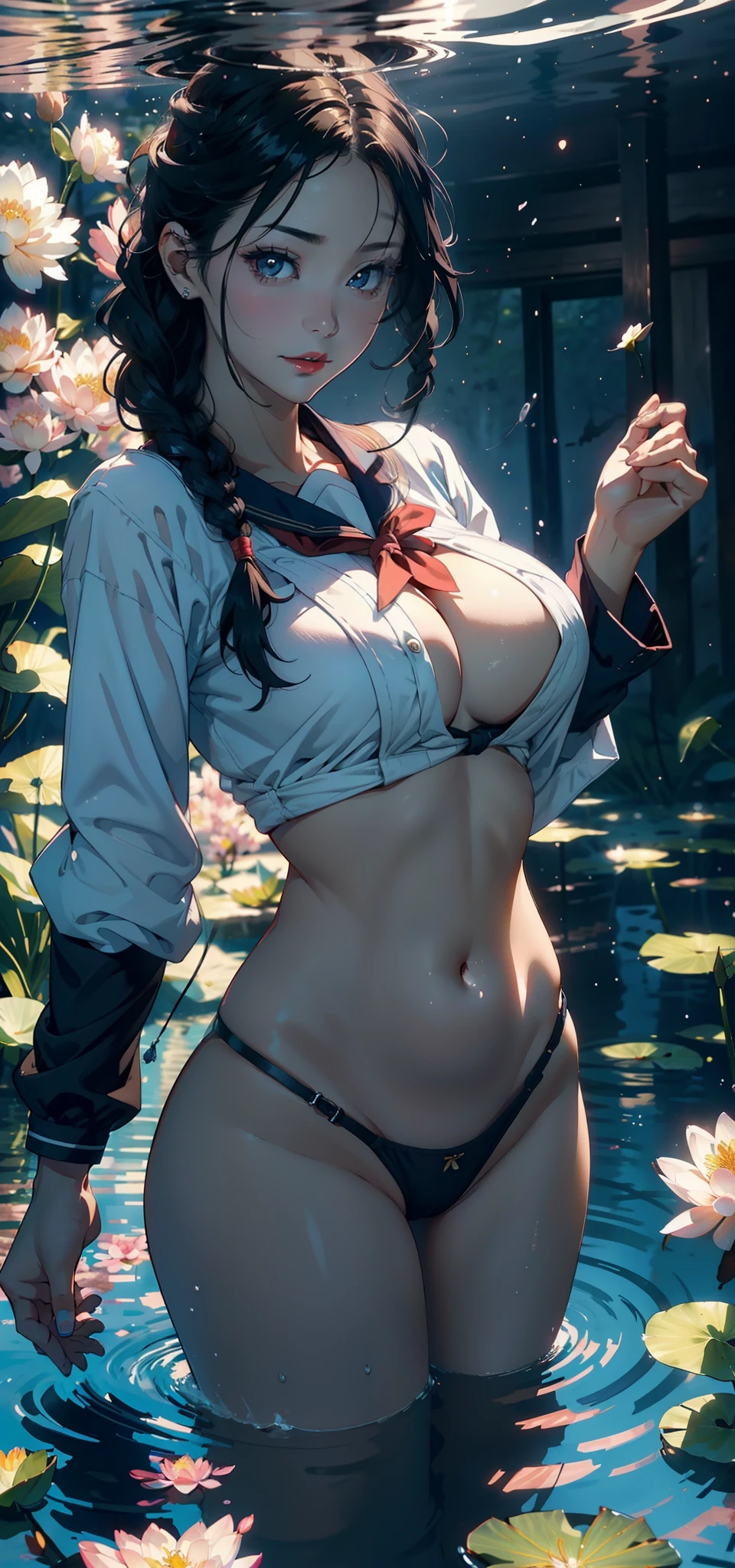 1female,35yo,plumw,extremely large bosom, 独奏,(Background with:ponds,Cherry blossom forest,lotus flower)Lie underwater, She has short black hair,standing on your feet,seen from the front, Twist braids, mostly cloudy sky,(((tmasterpiece),(Very detailed CG unity 8K wallpaper),best qualtiy,cinmatic lighting,detailed back ground,beatiful detailed eyes,Bright pupils,Black eyes,Snow-whiteskin,Redlip(Very fine and beautiful),(Beautiful and detailed eye description),ultra - detailed,tmasterpiece,))facing at camera,A high resolution,ultra - detailed),revealing breasts,Bare genitalia, Bulge,legs are open,Raised sexy,Camel toes,Flushed complexion,Desire for dissatisfaction,frontage,Navy,Sailor uniform