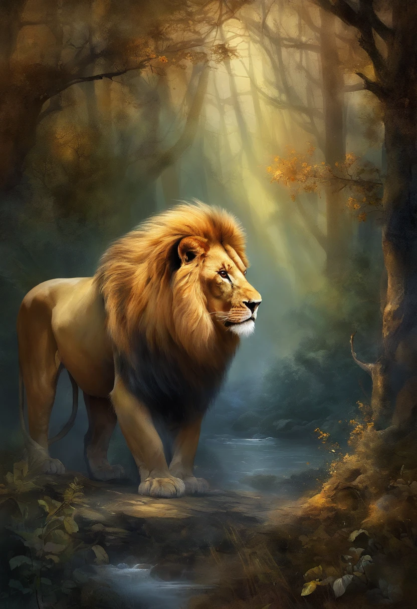 "((Masterpiece)) Leo in ((Foggy)) ,((Magical Dark Forest :1.2))in the late twilight, with ((Strong dark shadows, Recommended for the scene:1.2)), Glowing Magic Lion,golden glowing flowers ,((Glowing butterfly )), Beautiful magical style, Golden reflection of water,fierce, Concept art, Digital Painting."