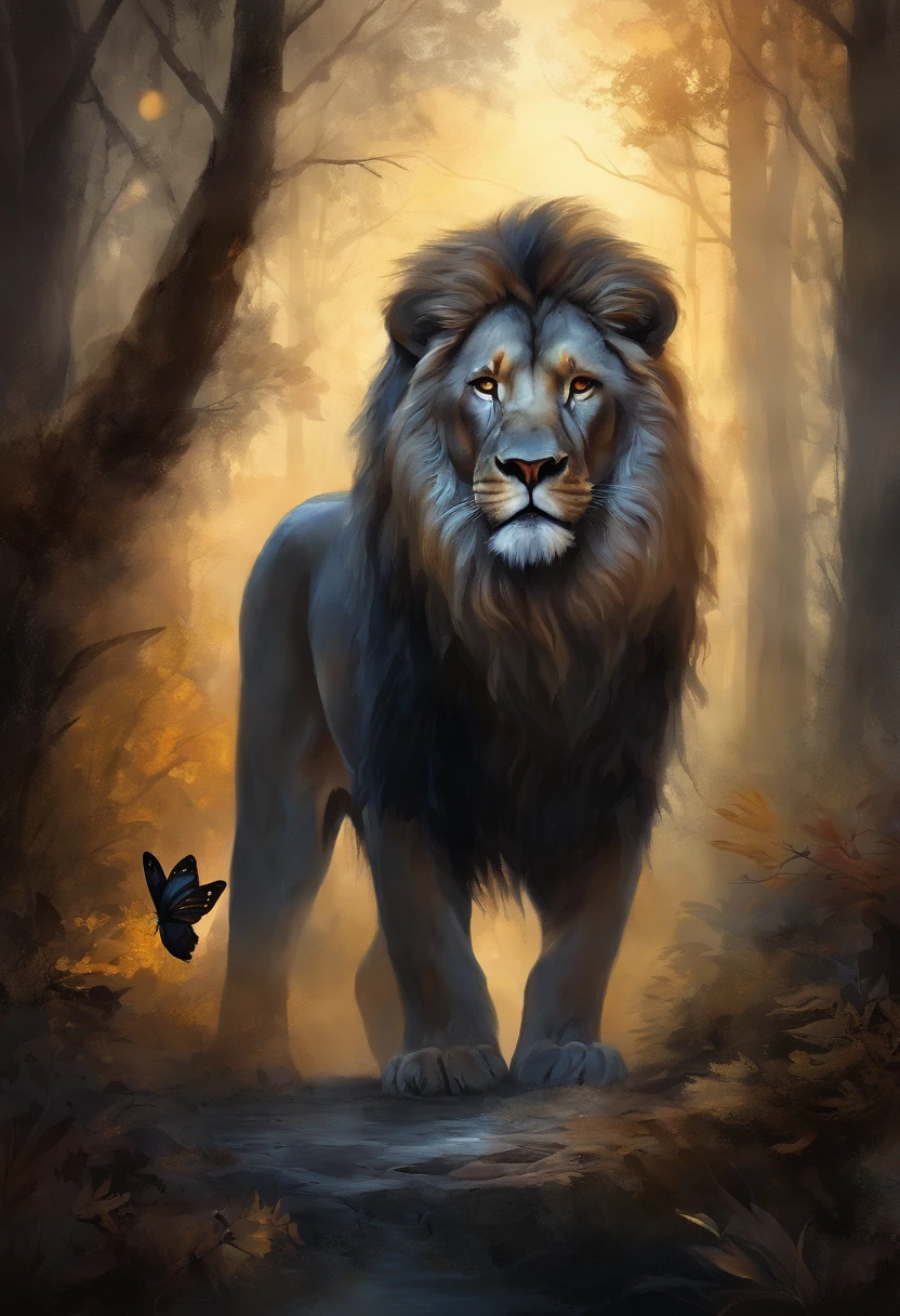 "((Masterpiece)) Leo in ((Foggy)) ,((Magical Dark Forest :1.2))in the late twilight, with ((Strong dark shadows, Recommended for the scene:1.2)), Glowing Magic Lion,golden glowing flowers ,((Glowing butterfly )), Beautiful magical style, Golden reflection of water,fierce, Concept art, Digital Painting."