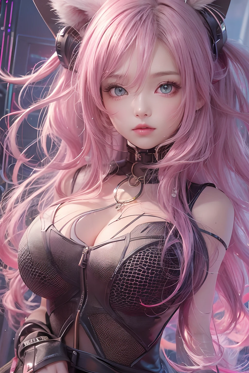 masterpiece, 1 beautiful girl, Detailed eye, Swollen eyes, top-quality, 超A high resolution, 电影灯光, japanes, a asian beauty, very extremely beautiful, Beautiful skins, A slender, Forward-facing body, gazing at viewer、(animesque), (hight resolution), , (ighly detailed), ( Best Illustration), (beautifully detailed eyes), (ultra-detailliert), 详细的脸, Bright lighting, Professional Lighting、The background is a cyberpunk room with many monitors.................、Hair color is pink twin tails、、Cat's ears、Moles under the eyes、Plump and glossy lips、Heart-shaped choker、Female Game Commentator、animesque