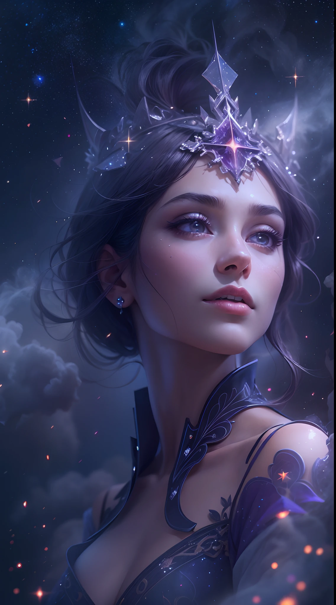 galaxias, space, Starcloud, stars, glitters, Smoke, (The shape of a princess), intricately details, rendering by octane, Ultra photo realsisim , rendering by octane, 8K, uplit ,Purple dream art