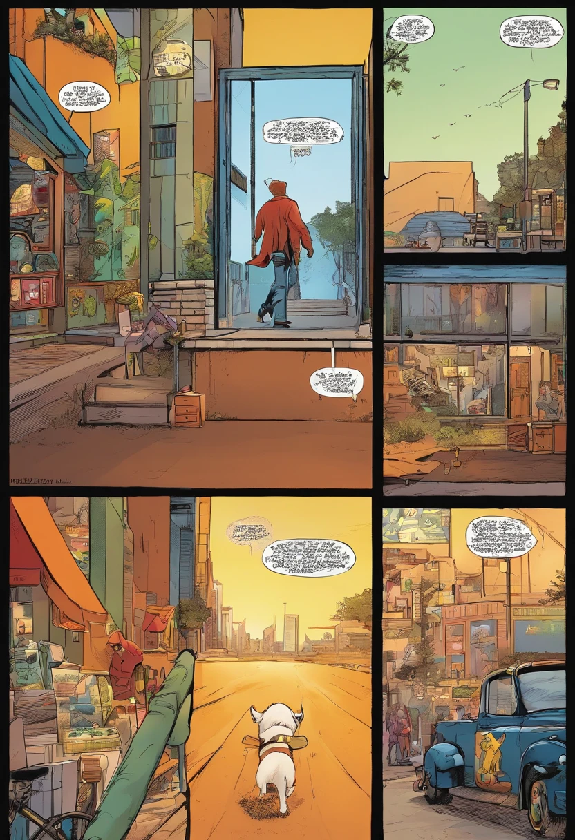 American comics, The comic story is presented in multiple irregular panels with color. Bulldog frances pied caminando por la calle