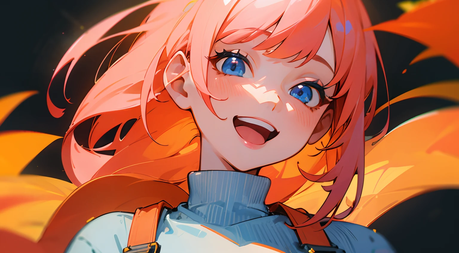 1 girl, long orange-pink hair with bangs, blue eyes, smiling, open mouth, wearing white oversized turtleneck and blue denim overalls, autumn day, autumn leaves, close up to her face, warm lighting, bright background, cozy, high res, ultrasharp, 8K, masterpiece