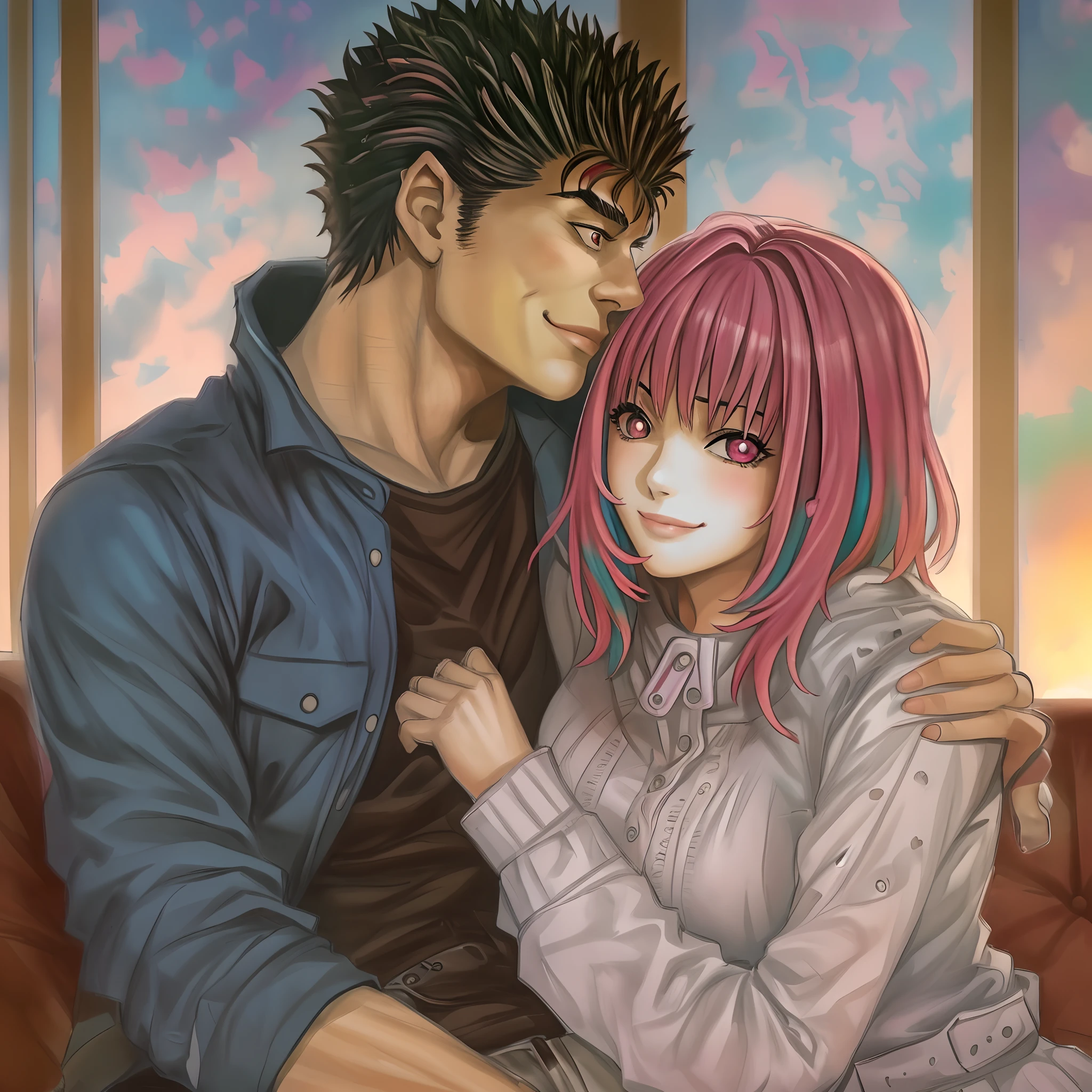 riamu,guts,couple,husband and wife,love dovey couple,sitting,hug,kiss,smile,masterpiece:1.2,ultra-detailed,realistic:1.37,portraits,vivid colors,warm tones,soft lighting