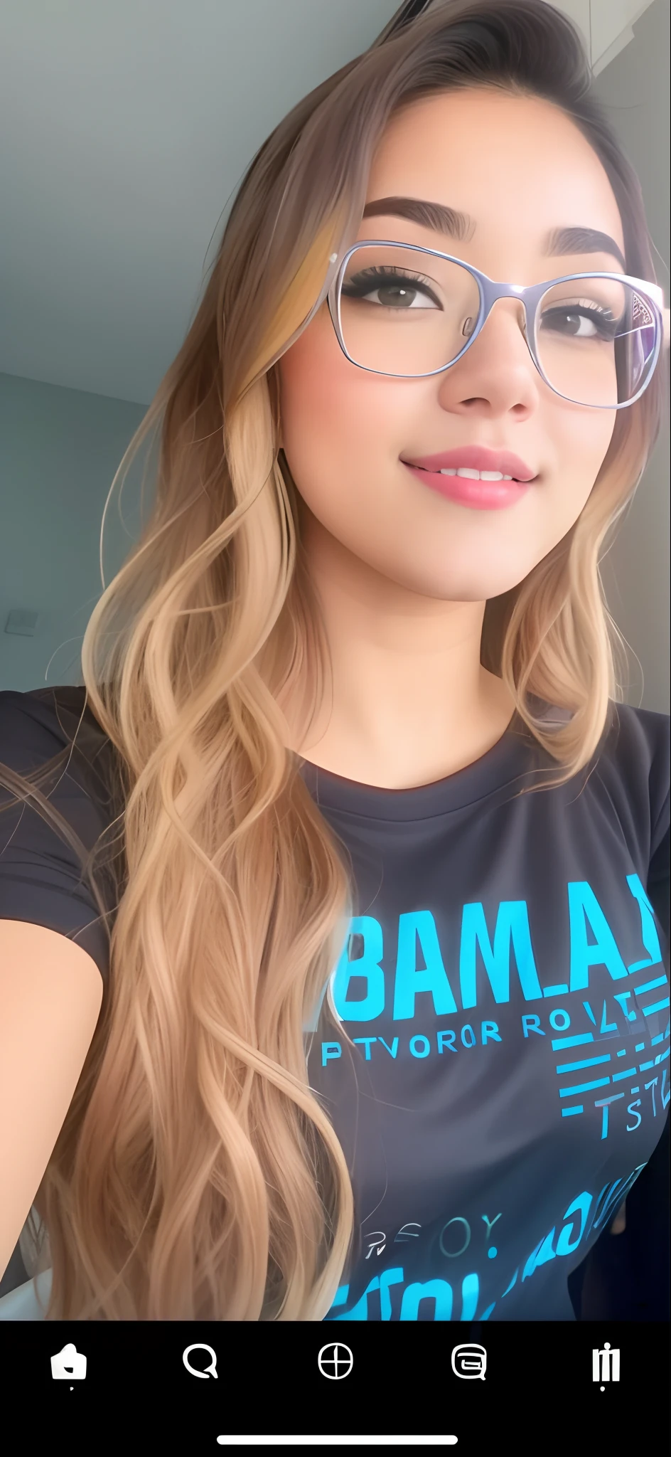 A closeup of a woman with glasses while taking a selfie, instagram story, low quality video, Pokimane, tiktok video, Lorena Avarez, em uma regata branca cantando, seu rosto ruborizado e suor, Imagens ao vivo, tshirt azul apertada, vestindo camisa apertada, Filmagens de baixa qualidade, Imagens editoriais, camisa apertada, Imagens da webcam, Yamy Yamy