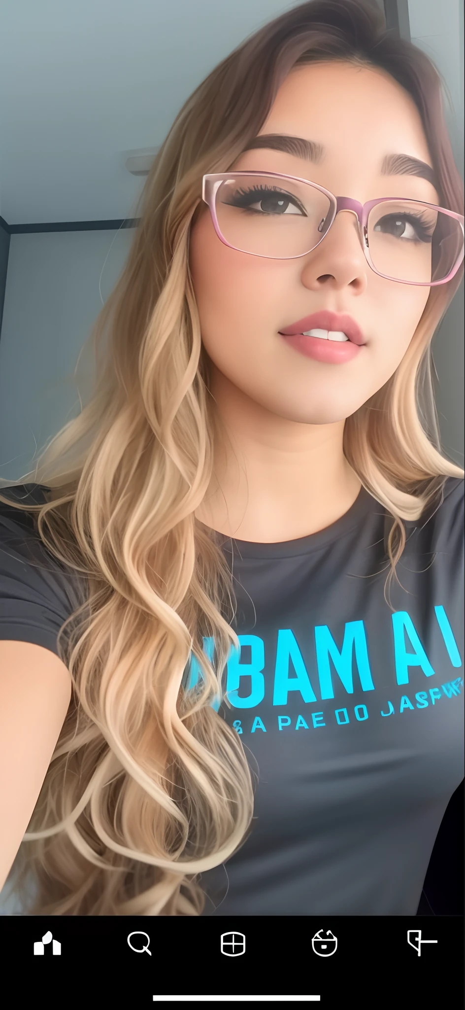 A closeup of a woman with glasses while taking a selfie, instagram story, low quality video, Pokimane, tiktok video, Lorena Avarez, em uma regata branca cantando, seu rosto ruborizado e suor, Imagens ao vivo, tshirt azul apertada, vestindo camisa apertada, Filmagens de baixa qualidade, Imagens editoriais, camisa apertada, Imagens da webcam, Yamy Yamy