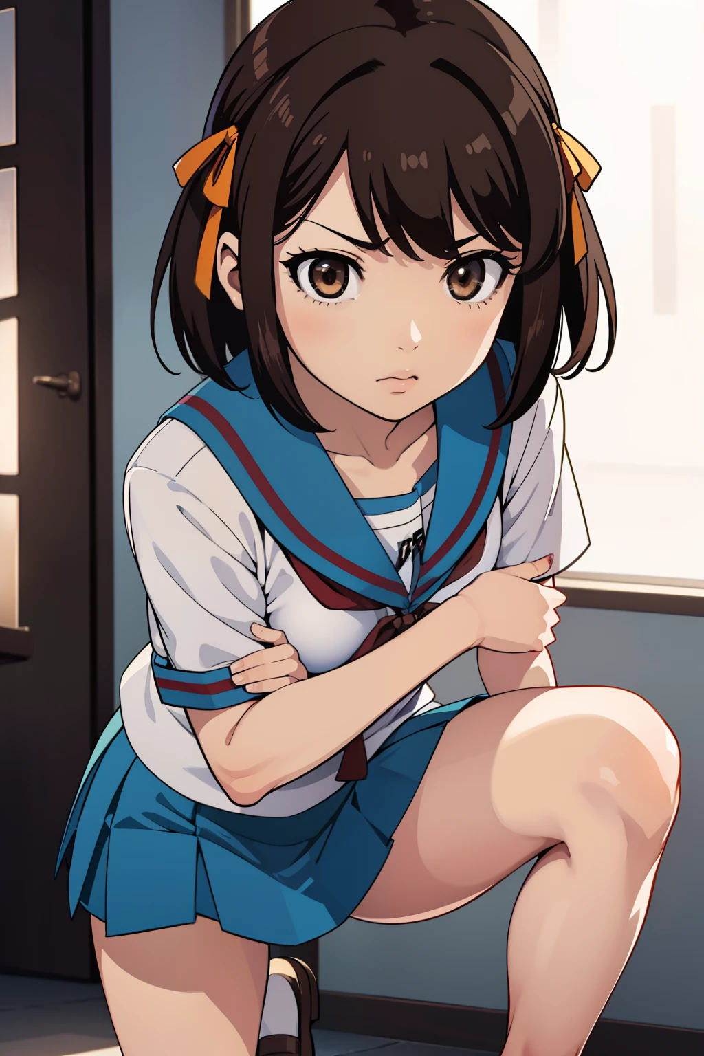 hight resolution、​masterpiece、1girl in、Suzumiya Haruhi、Brown hair、angry、School uniform、A slender、skinny thigh、Short hair、Hair Ribbon、light blue pantie、opens legs、skirt rift、Grabbing the skirt、Changing clothes、Raise one knee