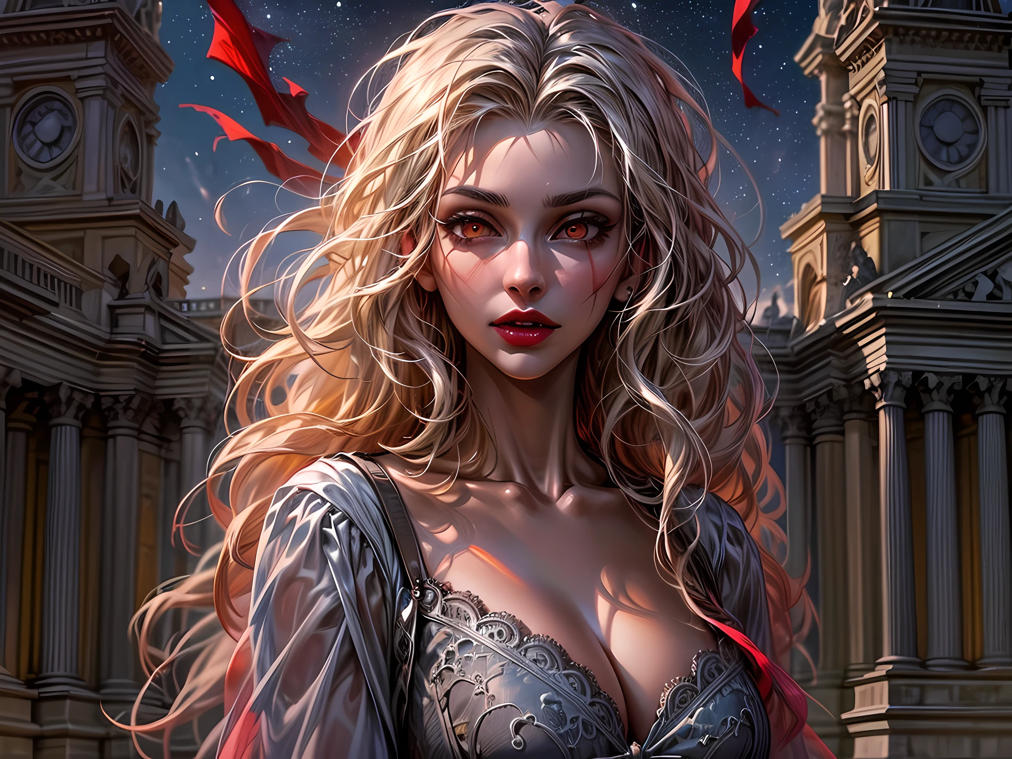 fantasy art, RPG art, photograph, RAW, (Ultra detailed: 1.5), Best Detailed, picture of a female vampire standing in St. Peter in the Vatican, an exquisute beautiful female vampire, full body, (best detailed face: 1.2), (grey skin: 1.2), red lips, (vampiric fangs1:1) (blood veins visible: 1.3), ultra feminie, blond hair, long hair, rich, flowing hair,wavy hair, red glowing eyes, wearing short dress, silk dress, intricate detaled dress, high heels, standing in St. Peter square in Vatican city, at night, full moon, stars in the sky, St. Peter square background, best quality, (extremely detailed), ultra wide shot, photorealism, depth of field, hyper realistic, 2.5 rendering,