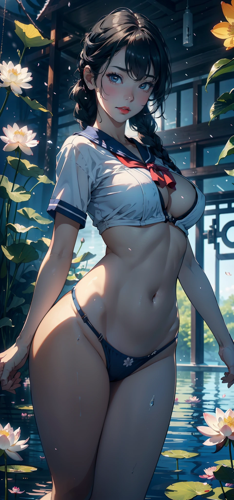 1female,35yo,plumw,extremely large bosom, 独奏,(Background with:ponds,Cherry blossom forest,lotus flower)Lie underwater, She has short black hair,standing on your feet,seen from the front, Twist braids, mostly cloudy sky,(((tmasterpiece),(Very detailed CG unity 8K wallpaper),best qualtiy,cinmatic lighting,detailed back ground,beatiful detailed eyes,Bright pupils,Black eyes,Snow-whiteskin,Redlip(Very fine and beautiful),(Beautiful and detailed eye description),ultra - detailed,tmasterpiece,))facing at camera,A high resolution,ultra - detailed),revealing breasts,Bare genitalia, Bulge,legs are open,Raised sexy,Camel toes,Flushed complexion,Desire for dissatisfaction,frontage,Navy,Sailor uniform,Blue and white color scheme