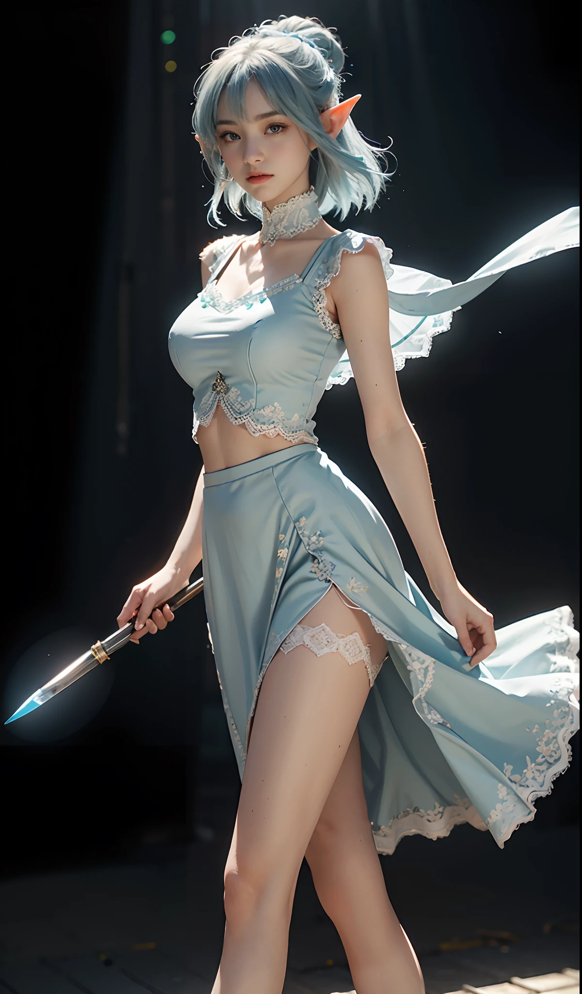 （Extremely normal body：2.0）Stage，spotlight lights：1 Elf beauty，White crop top top，(Elf long ears)，Light blue ultra-short hair，A bun，Blue-lace-trimmed maxi dress)，Long blue dress，The skirt that reaches the feet，White short stockings，Mary Jane low heels，two longer legs，Normal feet ， very detailed eyes and faces， Sharp pupils， realistic pupil， tack sharp focus， cinmatic lighting，full bodyesbian，Bigboobs，long leges，From the front side，dynamicposes，Normal posture，closeup of face