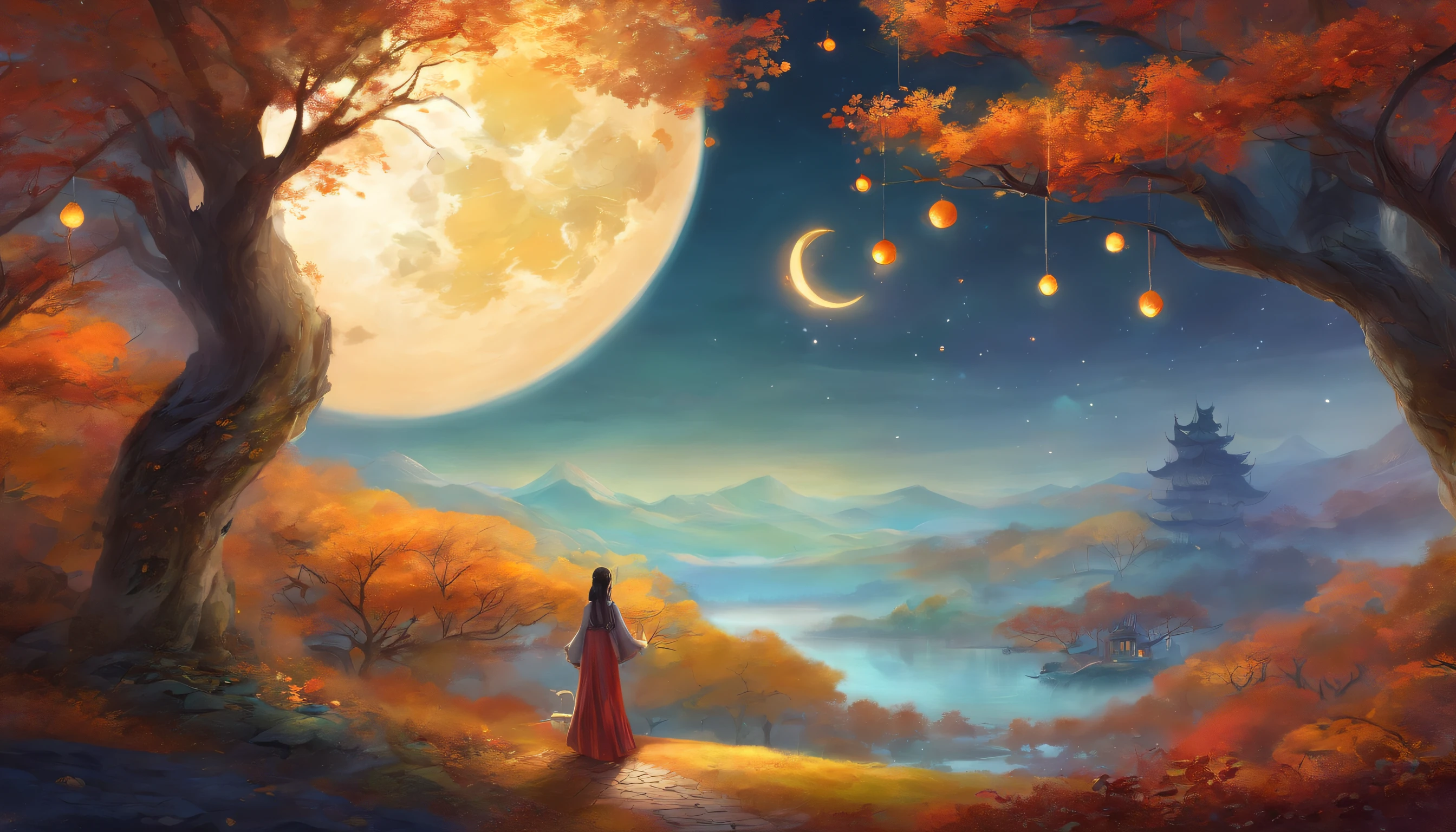 Best quality,4K,8K,A high resolution,Masterpiece:1.2,Ultra-detailed,Realistic,Photorealistic:1.37,Beautiful detailed eyes,beautiful detailed lips,Extremely detailed eyes and face,long eyelasher,1girll,abstract paintings,Moonlit Night,sportrait,Lunar reflection,starrysky,Autumn leaves,Festive lanterns,traditionalcostumes,Quiet garden,Moon hallucinations,Precious memories,Chinese culture,Missing father,Emotional,feeling of solitude,yearning,sentimental,Dreamy,Soft lighting,Rich colors,desire big breasts,Moon cake,Moon Rabbit,good luck,Harvest Festival,tradit,Cherished family,Celebrate the reunion,Embrace the moon,Meaningful symbolism,Affectionate.
