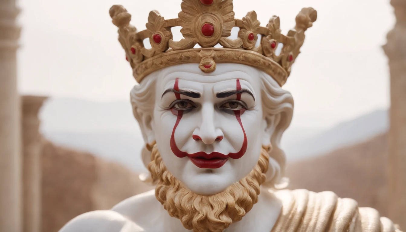 front view close up, stoic greek statue, wearing makeup and a clown nose, like gods Hercules, polished marble texture like porcelain shiny mirror brown color, 8k, cinematography, epic light and shadow image background colorful smoke.