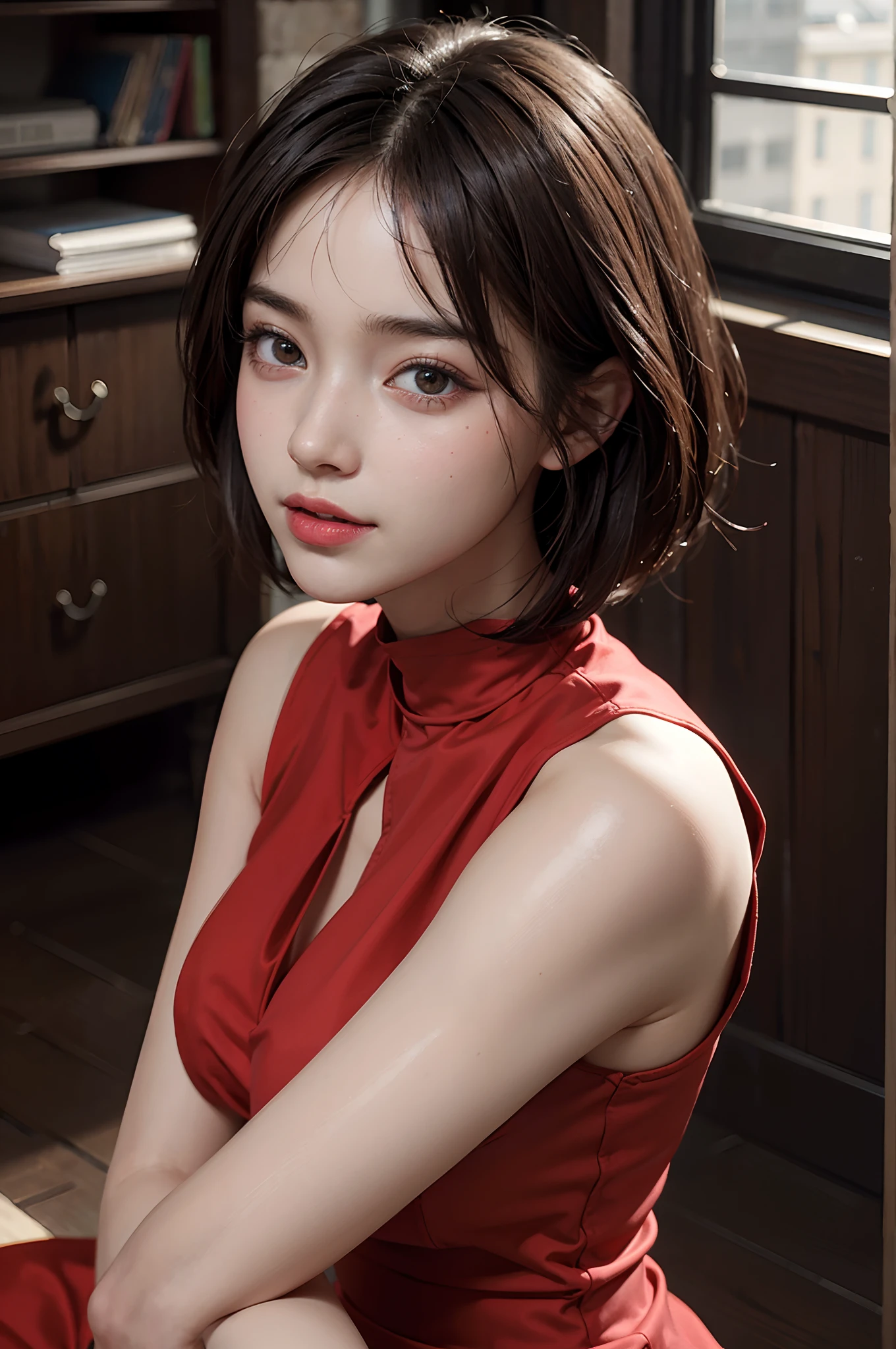 (A hyper-realistic), (illustratio), (hight resolution), (8K), (ighly detailed), (The best illustrations), (beatiful detailed eyes), (top-quality), (ultra-detailliert), (masterpiece), (detailed face), droopy eyes,full of sweat, full body, short hair,inner colored,solo,Girl in tight red dress, huge tits, smile, high heel,