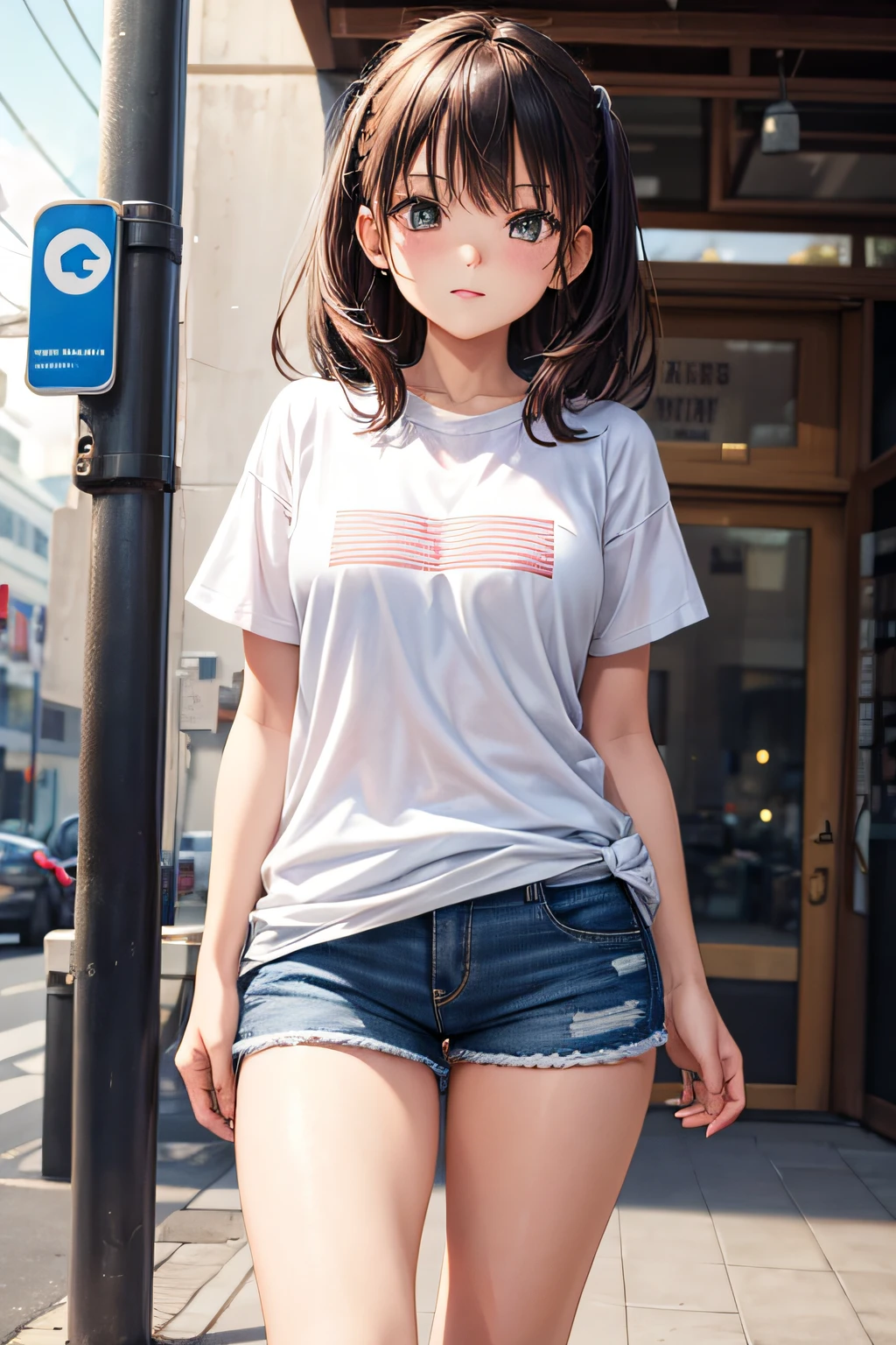 She is wearing shorts facing her cute little