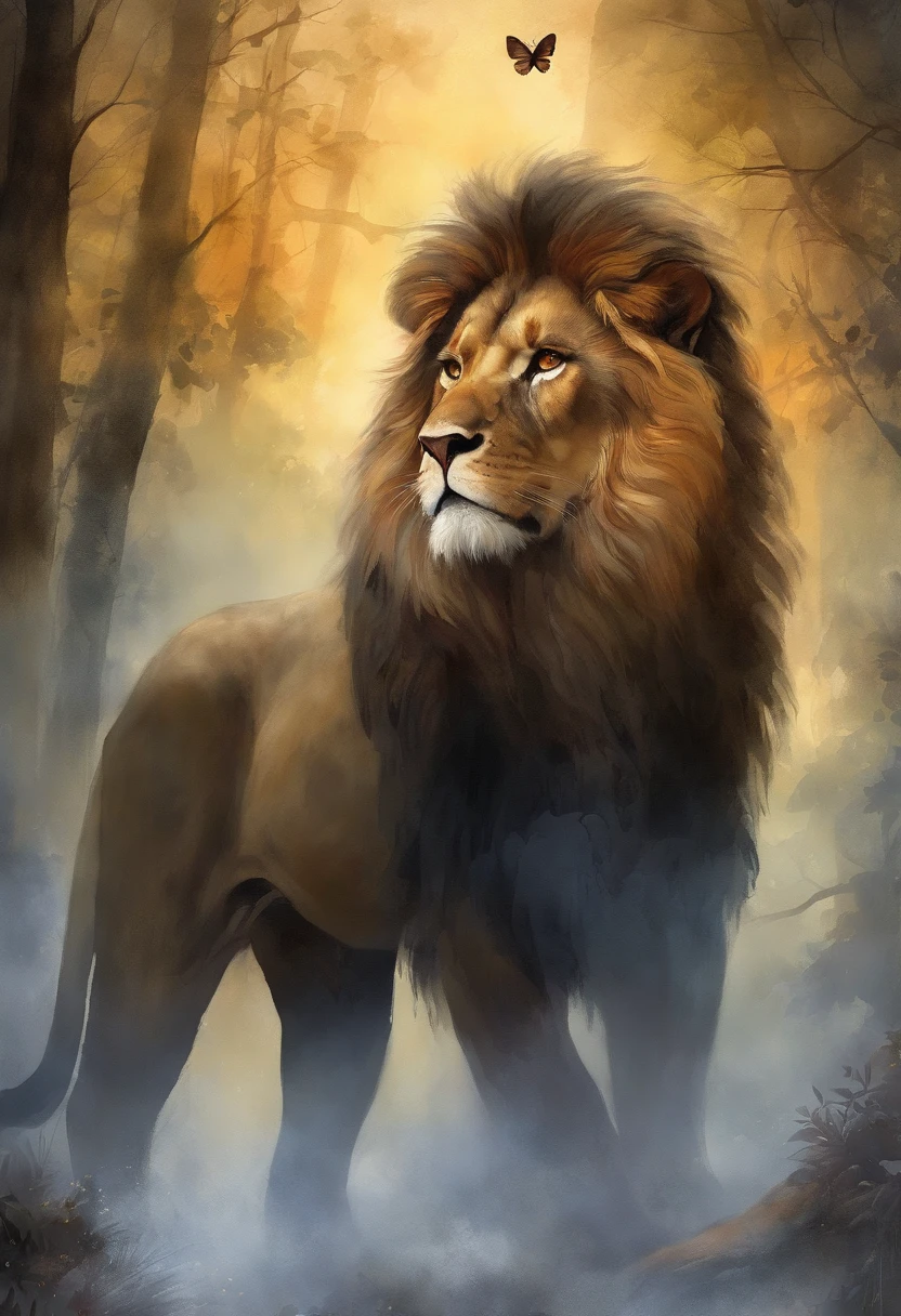 "((Masterpiece)) Leo in ((Foggy)) ,((Magical Dark Forest :1.2))in the late twilight, with ((Strong dark shadows, Recommended for the scene:1.2)), Glowing Magic Lion,golden glowing flowers ,((Glowing butterfly )), Beautiful magical style, Golden reflection of water,fierce, Concept art, Digital Painting."