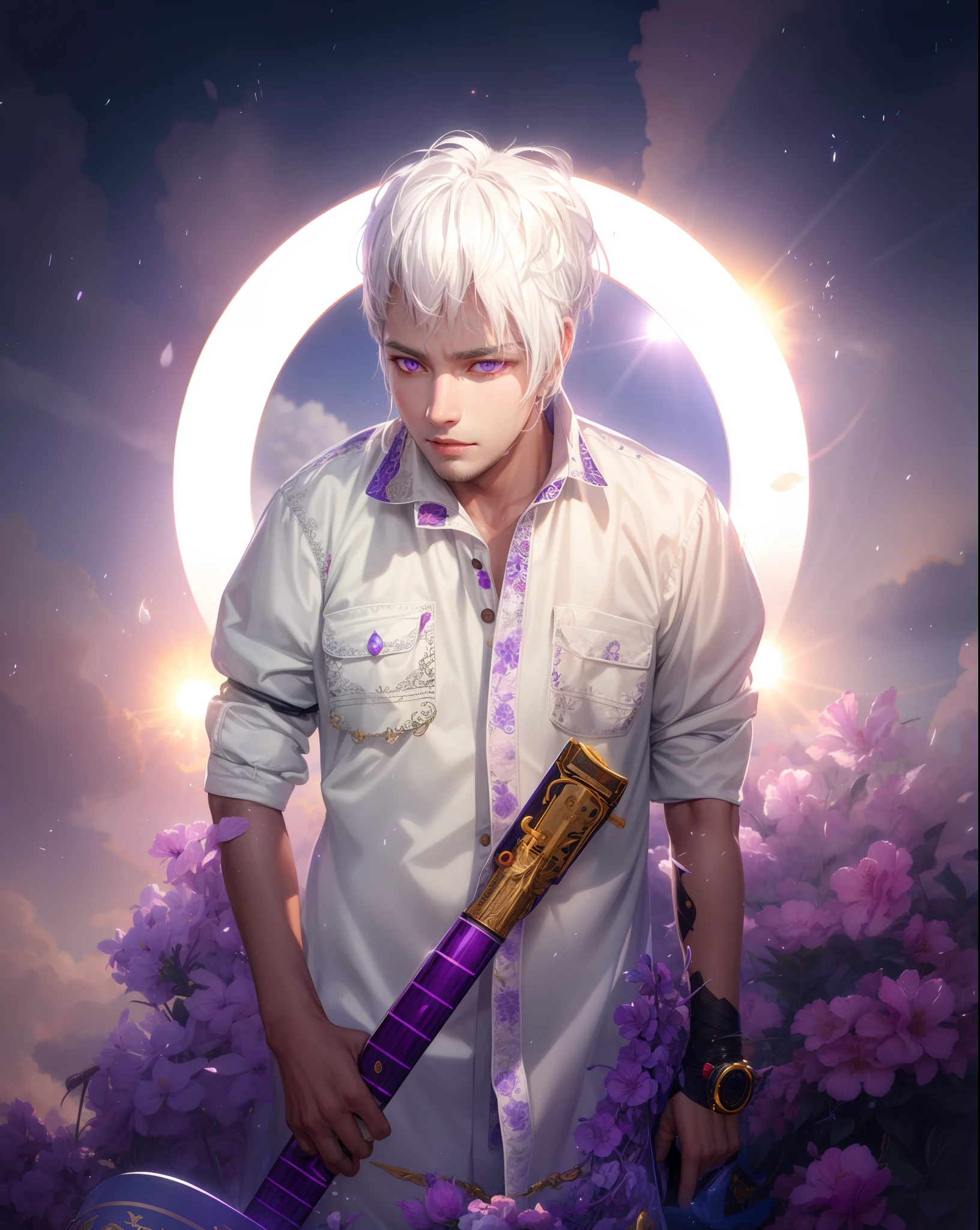realistic, white hair, purple eyes, glowing eyes,, flowers, sun, sunlight, handsome boy HDR