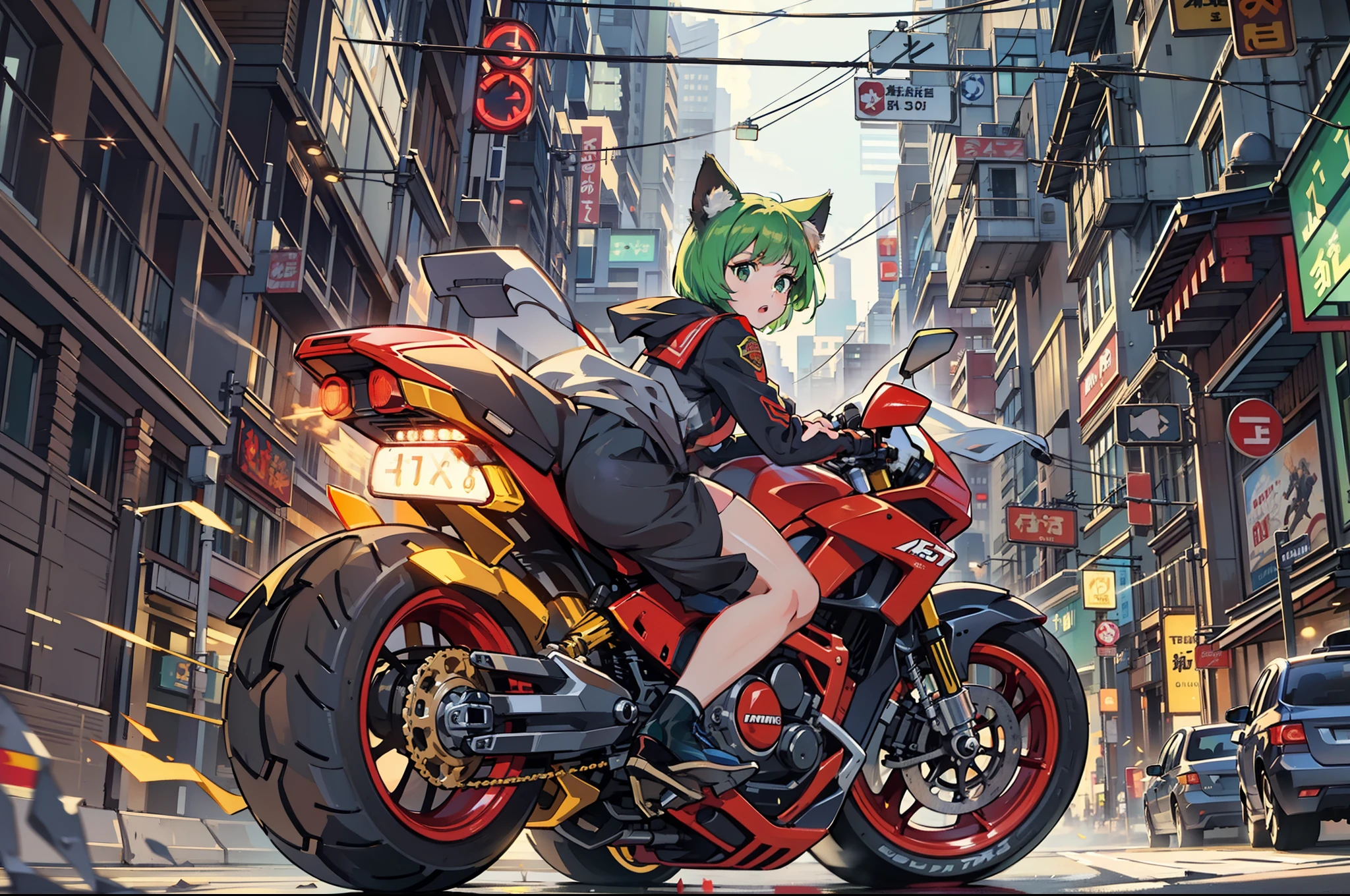 Big red motorcycles drive through the city at high speed (Speeding), (Slow motion: 1.3), (Motion blur: 1.3), (speed-line: 1.4), Sense of speed, Cat girl, Green short bob hair, Green eyes, Sparks and tire smoke,独奏